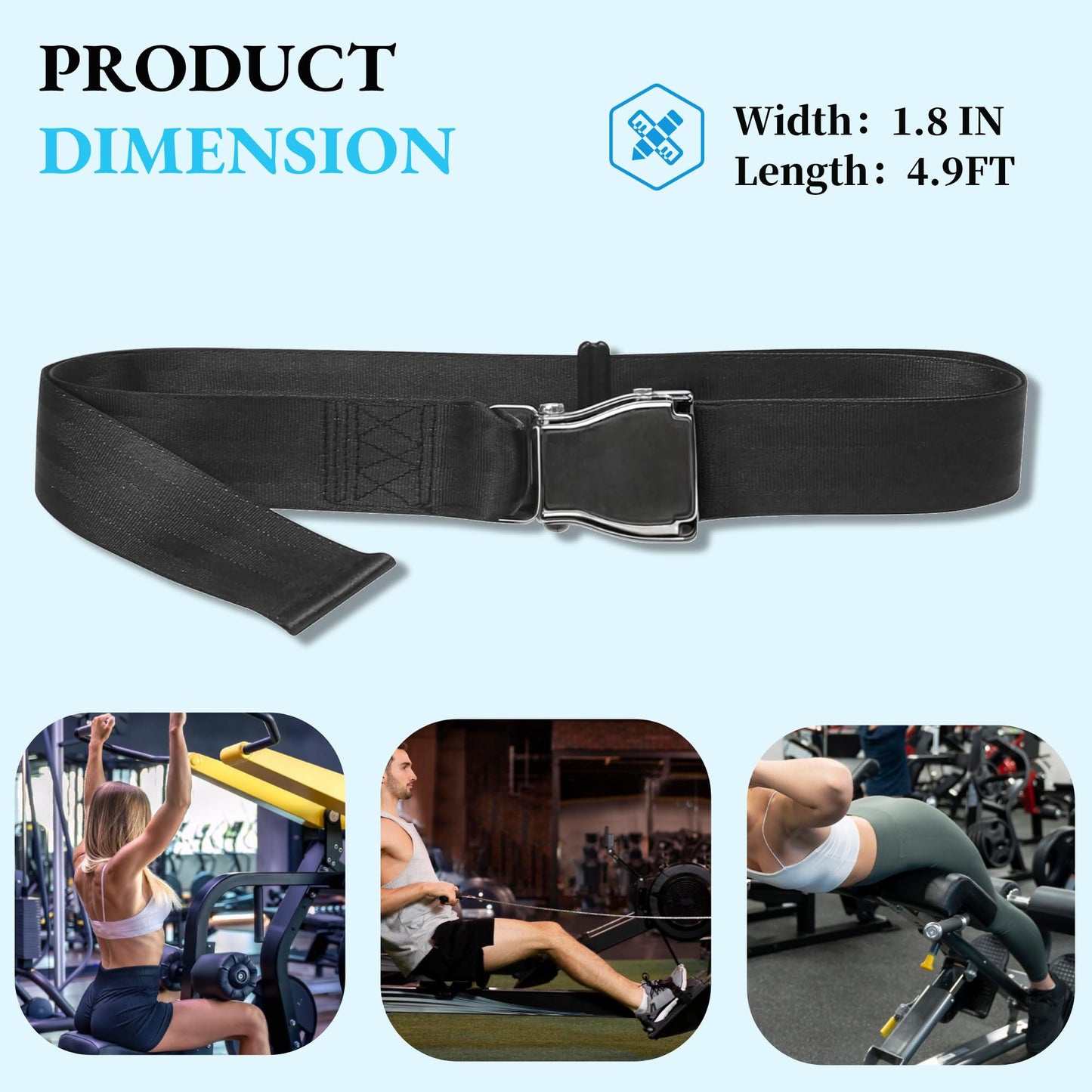 Hopeharvest Gym Seatbelt Leg Extension Lifting Seatbelt, Nordic Hamstring Curl Strap on Bench, 4.92ft L, Buckle Squat Collar for Workouts Machine, Home Gym Stretch & Mobilization Exercise for Men Women