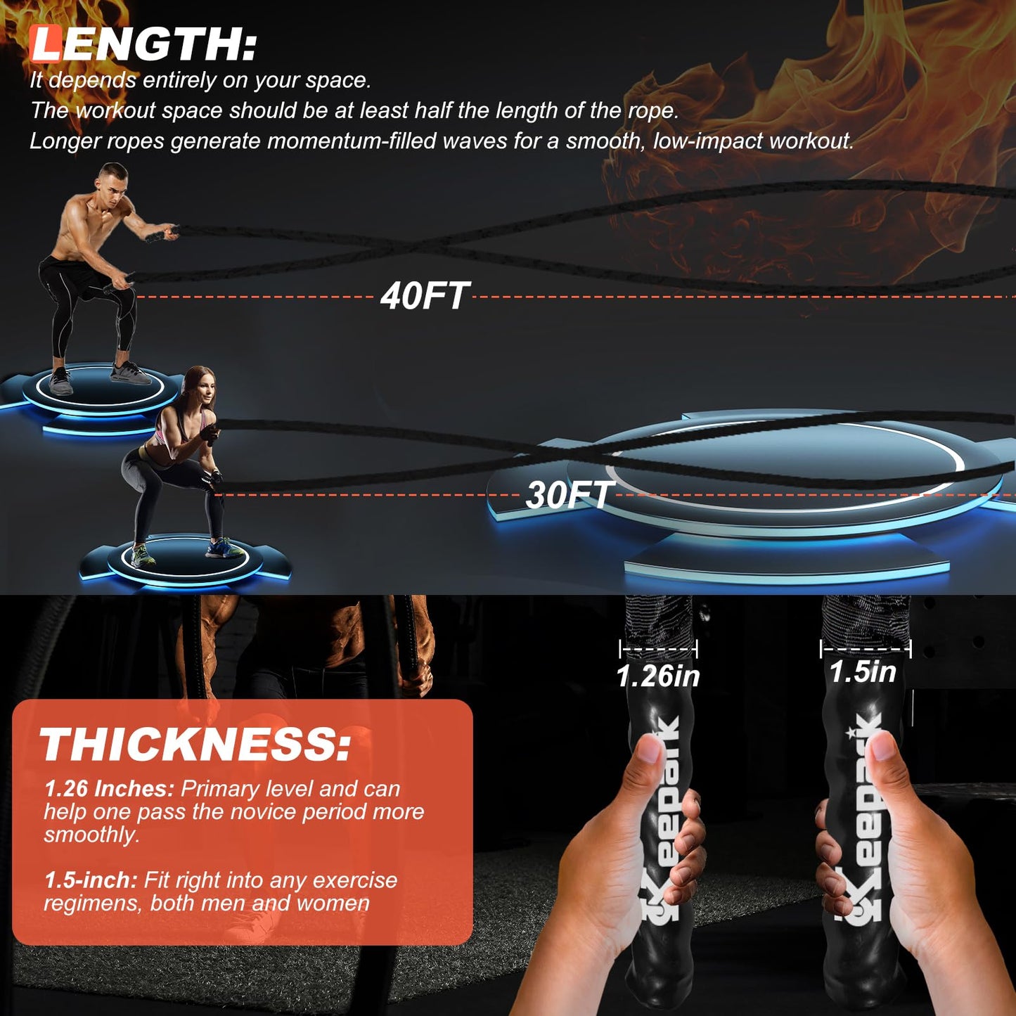 Battle Ropes for Home Gym Exercise: 1.26 Inch Diameter 30FT Length Workout Rope Exercise Rope Training Ropes with Protective Sleeve for Kids Men Women Exercise Fitness & Strength Training