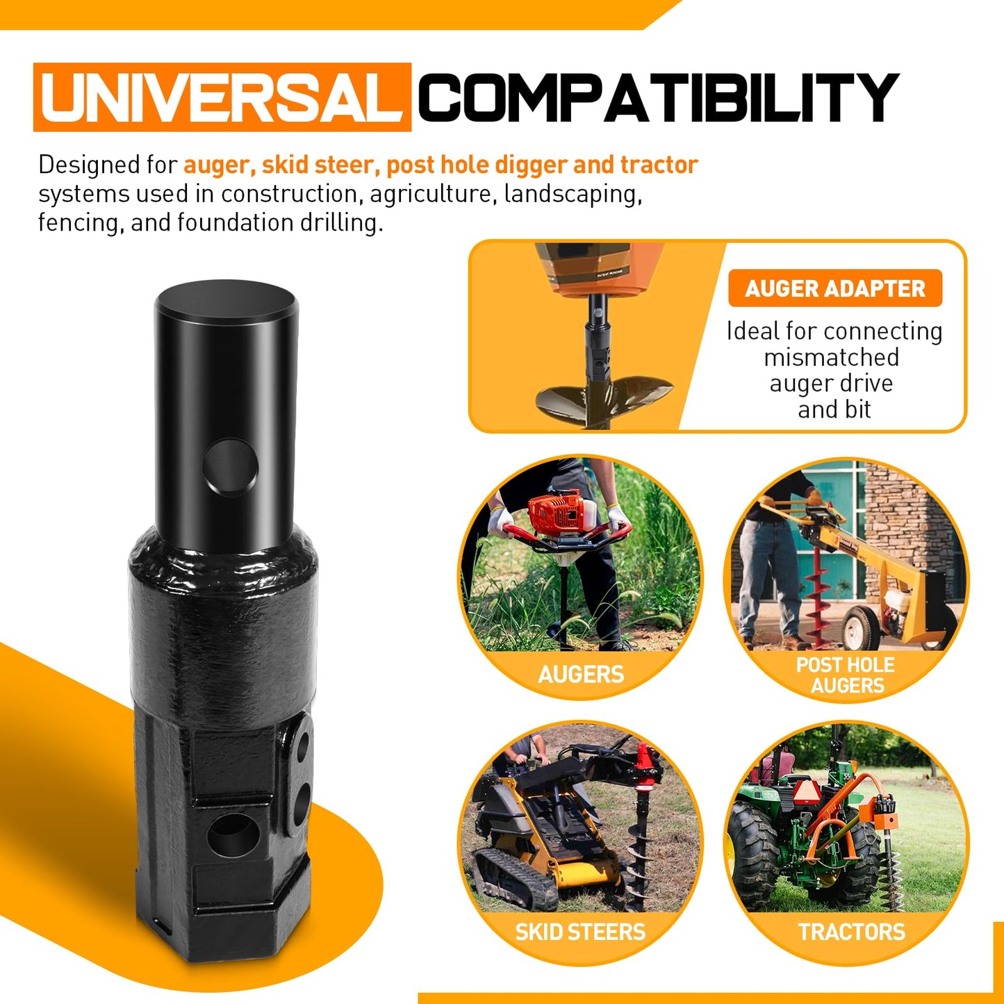 23-058 Heavy Duty Auger Adapter 2” Female Hex to 2-9/16” Male Round Auger Drive Adapter, Skid Steer Post Hole Digger Conversion Coupler, High-Strength Steel Auger Bit Adapter