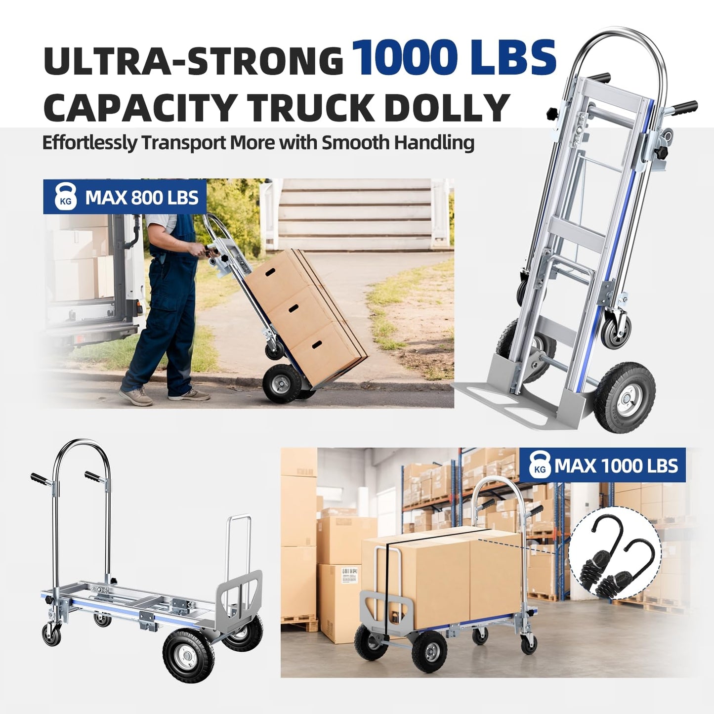 Aluminum Hand Truck, 3 in 1 Convertible Hand Truck Dolly 1000 Lbs Capacity, Pneumatic Wheels - Collapsible Heavy Duty Cart for Efficient Storage, Suit for Moving in Supermarket, Garden, Grass, Yard