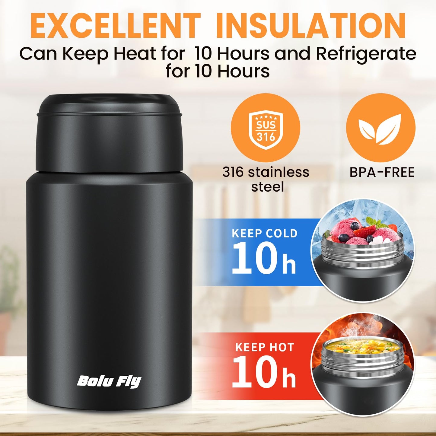 Bolu Fly 2 Pack Soup Thermo for Hot Food for Adults, Insulated Food Jar, Stainless Steel Vacuum Thermal Lunch Box Containers with Carry Bag and Spoon (18.5oz, 27oz) (Black)