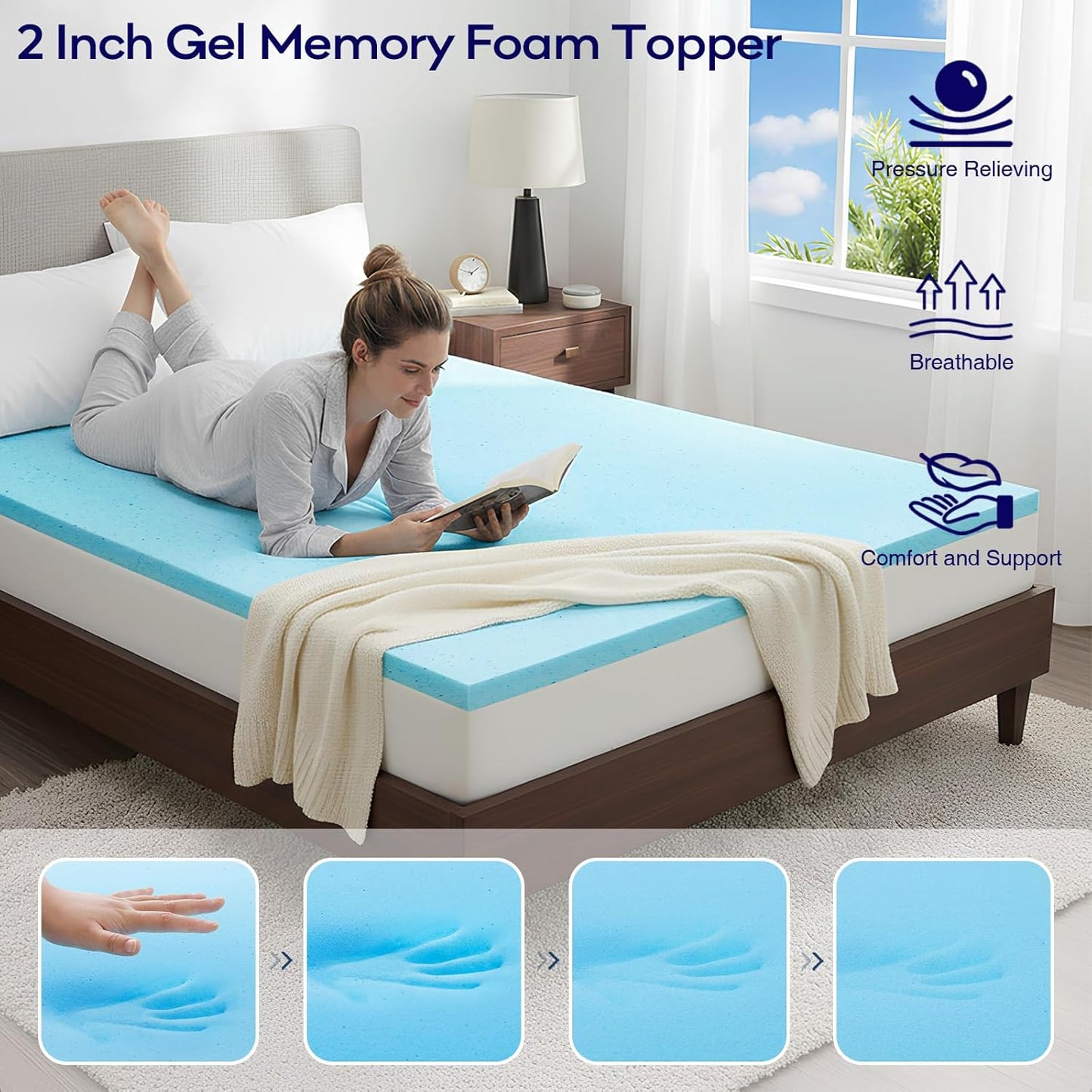 OLANLY Queen Size Memory Foam Mattress Topper - Dual-Layer 4 Inch Cooling Pillow Top, Light Grey