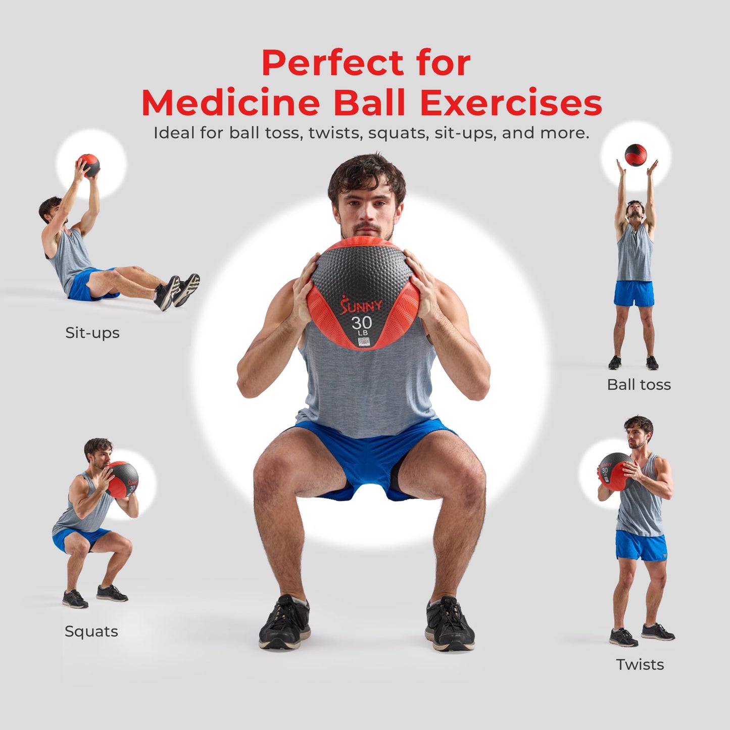 Sunny Health & Fitness 30LB Medicine Ball, Textured Rubber, Core Strength & Balance Training, Bouncing, Weight for Home Workouts SF-EB03-30