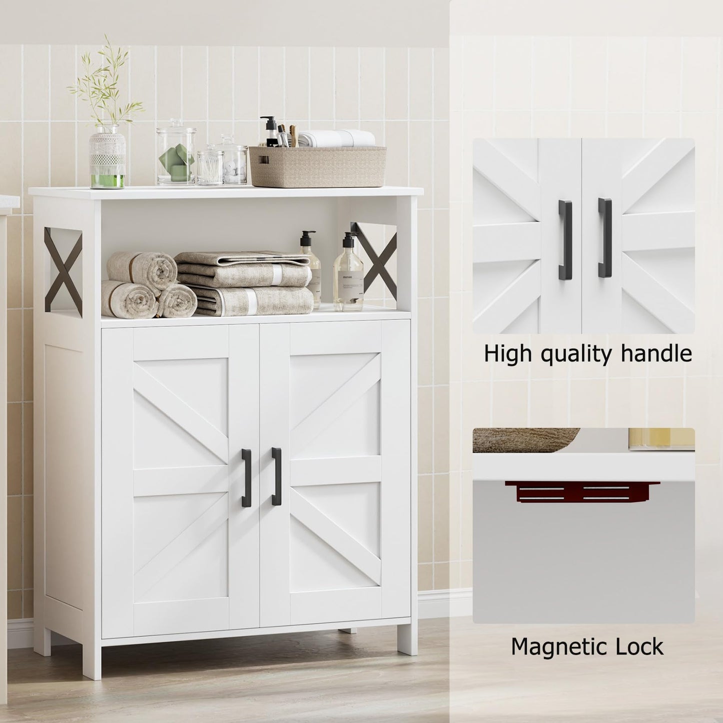 Homhedy Farmhouse Bathroom Storage Cabinet with 2 Doors, Toilet Paper Cabinet with Adjustable Shelf, Small Bathroom Cabinet for Kitchen/Laundry/Living Room, 11.8 x 23.6 x 31.5 Inches, White