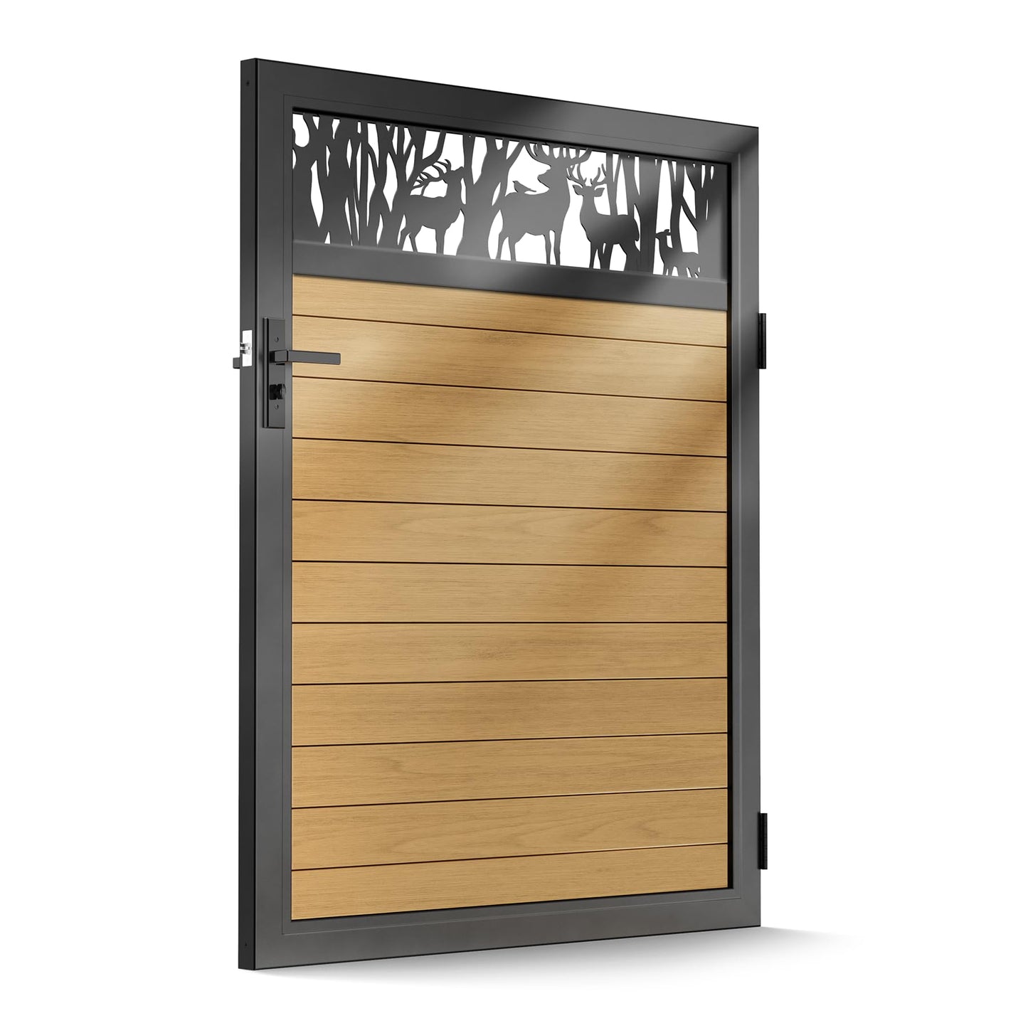 Brukid 4x5 FT Aluminum Fence Gate Kit Wood Grain Aluminum Gate with Decorative Cutout, Lock & Hinges, Left/Right Opening, Weather Resistant for Yard Garden Patio