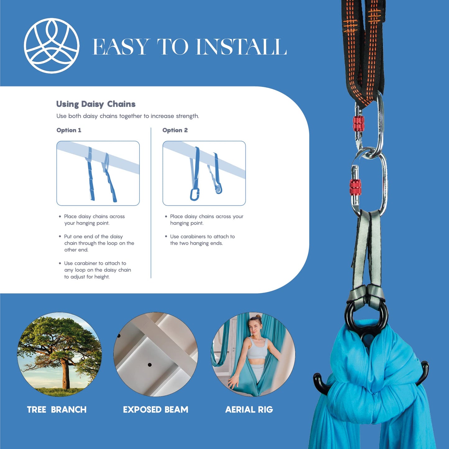 Aum Active Aerial Silks Starter Kit - Durable 9 Yards of Aerial Yoga Hammock with Hardware & Guide - Aerial Swing for Acrobatic Flying Yoga & All Levels (Aerial Rigging Point Up to 13ft)