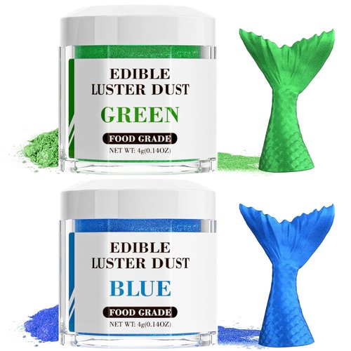 Cherrysea Luster Dust Edible Set | 2 Colors Food Grade Shimmer Powder for Cakes & Cocktails - 4g Bottles (Blue & Green)