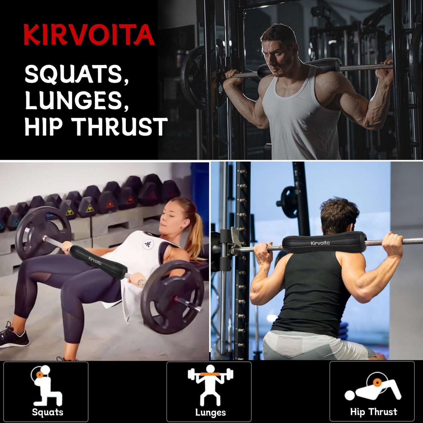 Kirvoita Rubber Barbell Pad, Squat Pad, Hip Thrust Pad, Easy to Install, No Velcro/Straps Needed, for Both Heavy Weights & Lower Weights (15.5 * 3.5 * 3.5 in, Black)