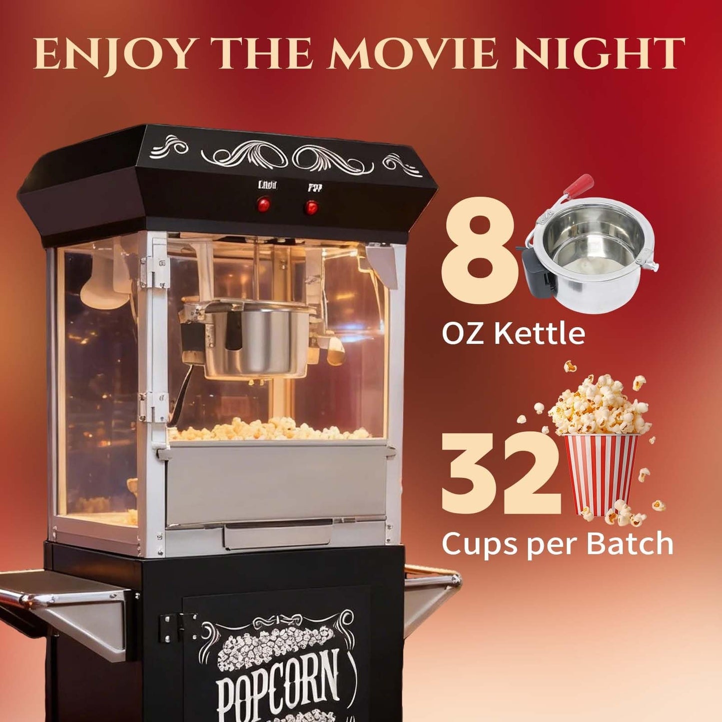 Trygoal Popcorn Machine with Cart, Popcorn Popper with 8 Oz Kettle Makes Up to 32 Cups, Nostalgia Professional Cart with Warming Deck and Old Maids Drawer, Movie Night Supplies for Home, Black