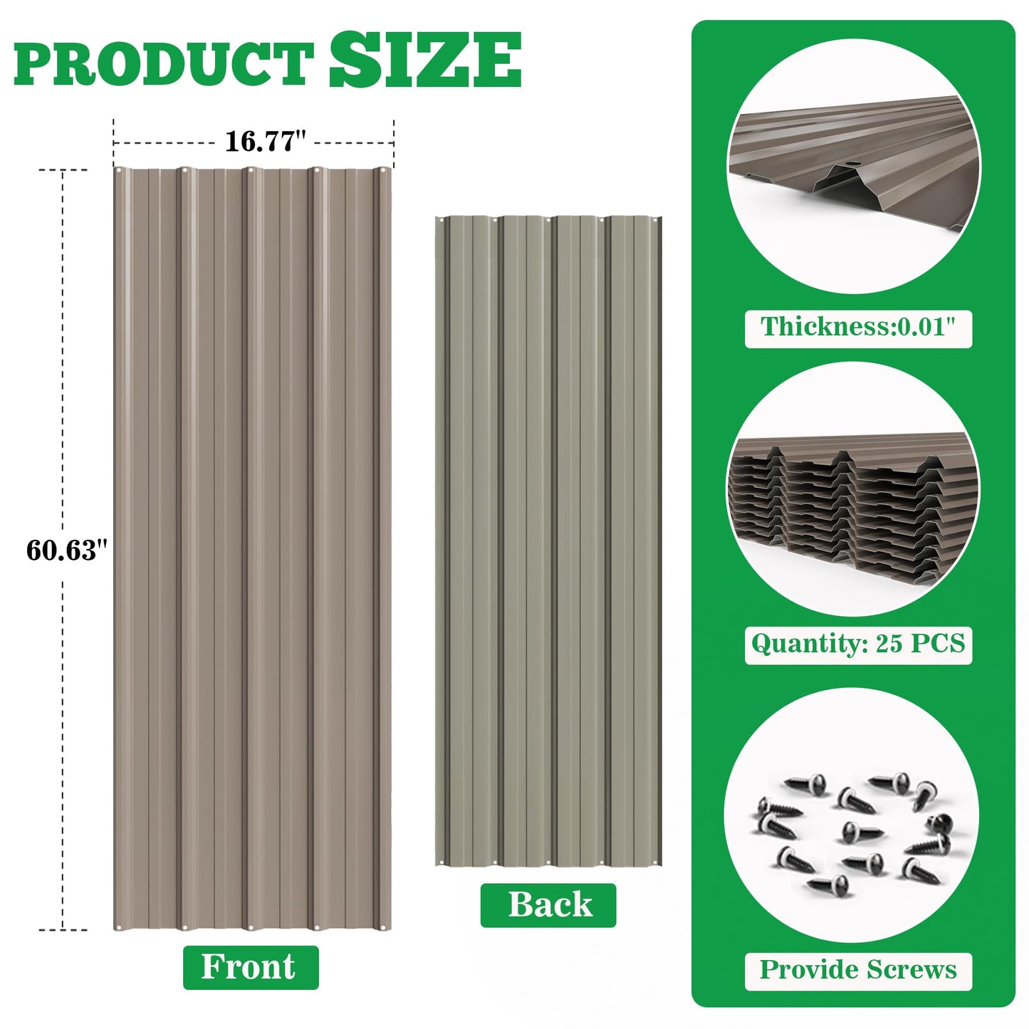 25pcs Metal Roofing Panels, 60.63'' L ×17.72'' W 182.34 ft² Corrugated Metal Sheets, Galvanized Steel Roof Fence Panels for Mobile Homes, Garages, Chicken Coop, Sheds, Stables, Patio, Warm Gray