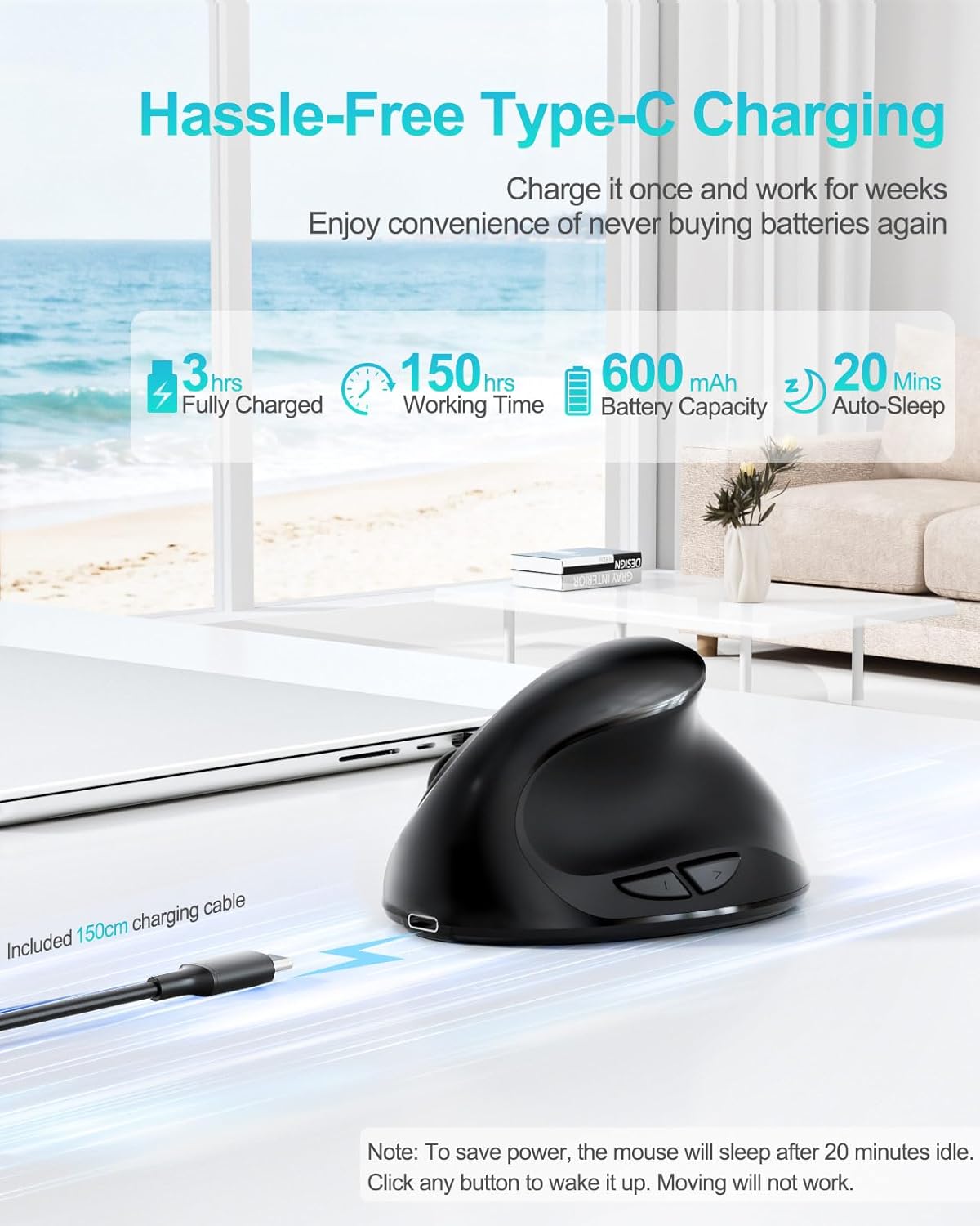 Lekvey 3 Ergonomic Mouse, Vertical Wireless Mouse for Small/Medium Hands, Rechargeable with USB Receiver, DPI