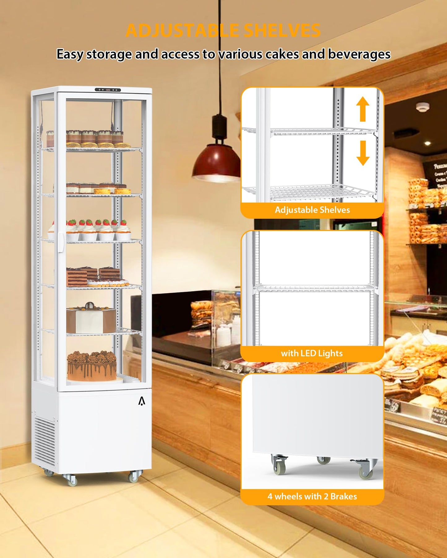 Garvee Commercial Refrigerated Display Case 10.5 Cu.Ft Freestanding Display Refrigerator with Adjustable Shelves, LED Lighting, Automatic Defrost Display Fridge for Bakery, Coffee, Supermarket