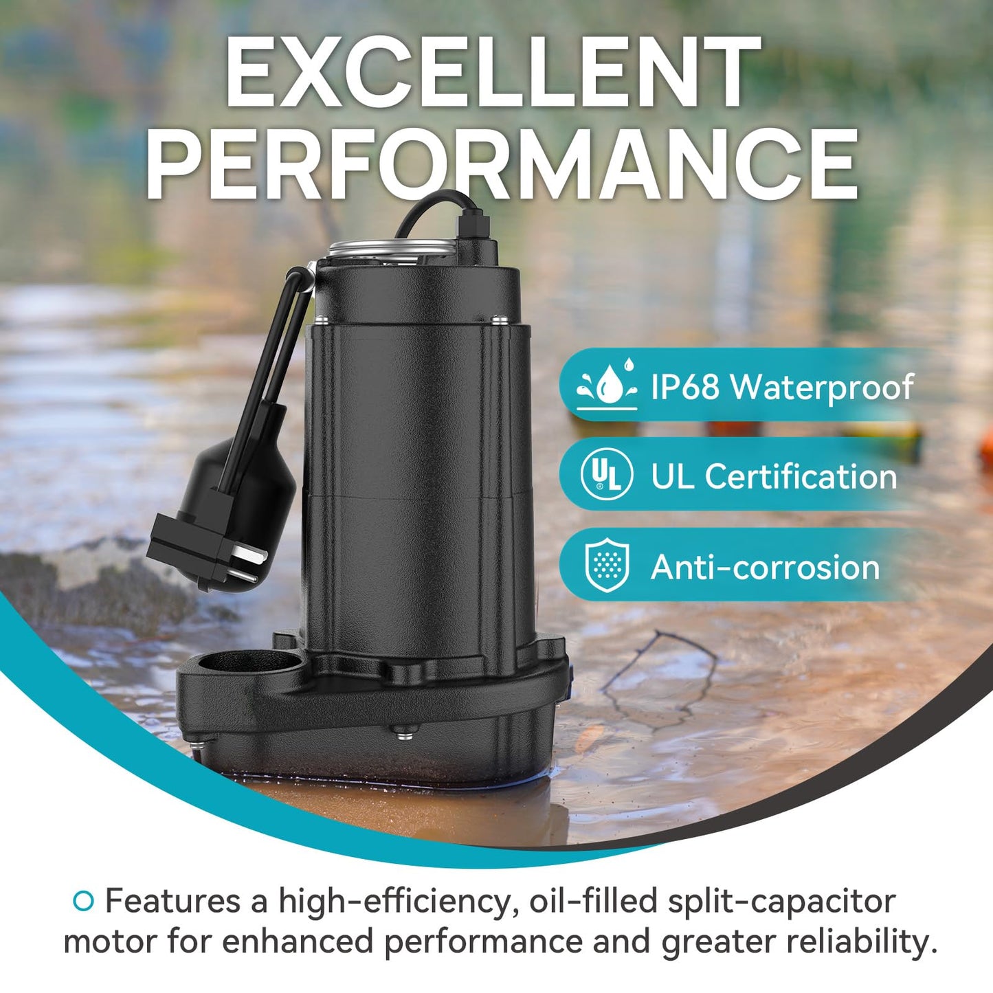 BOMGIE 1/2 HP Sewage Pump, Cast Iron Effluent Pump, Automatic Float Switch, Sewage Sump Pump for Sump Basin, Basement, Residential Sewage, 2'' NPT Discharge, Black