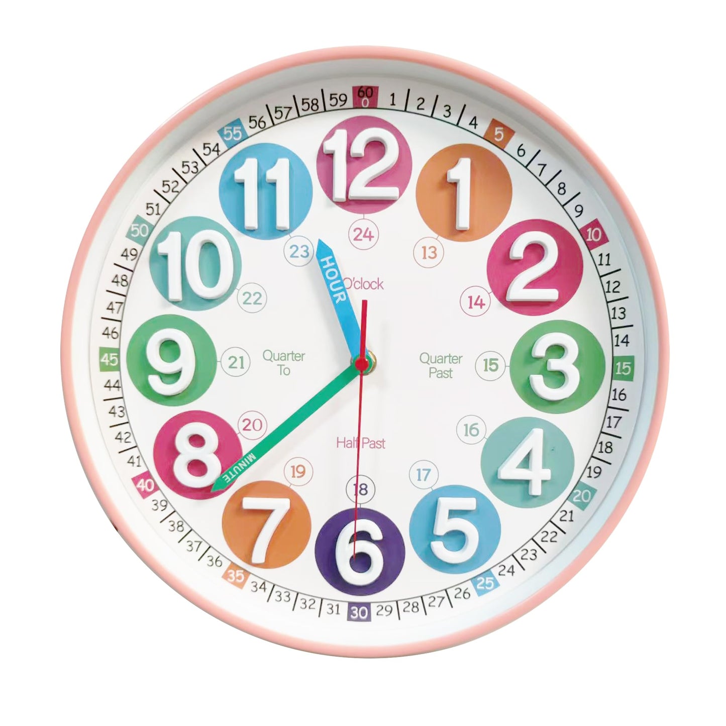 SYOYUEX Learning Time Clock for Kids, 12 Inch 3D Peach Pink Classic Silent Wall Clock, Bedroom, Kitchen, Classroom, Decor at School, Clear Digital Clock for Kids Room