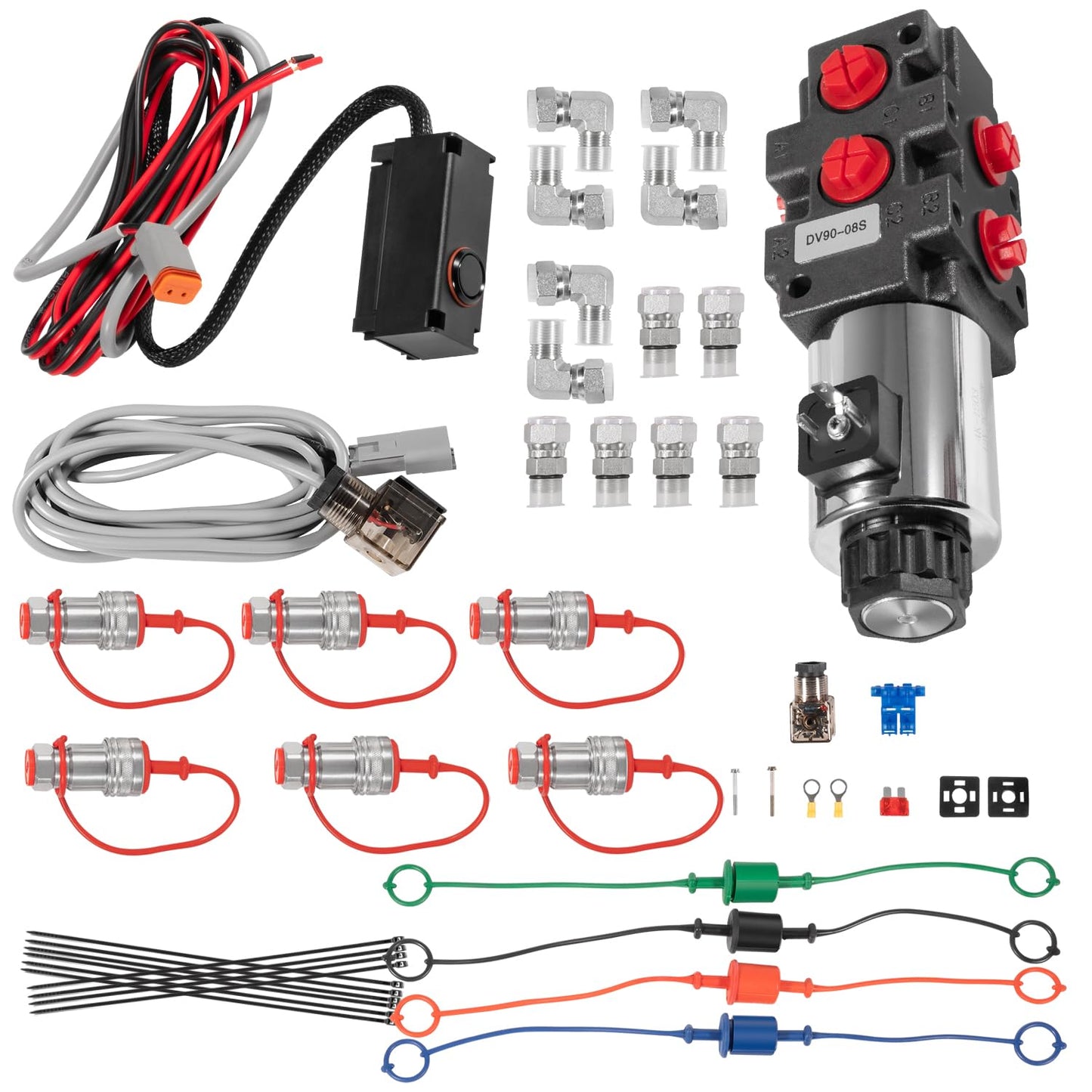 24 GPM Hydraulic Multiplier Diverter Selector Solenoid Valve, 6 Port, 3625 Max PSI, 12VDC, with Switch, Extension Harness, Ag Coupler Adapters For Most Tractors, Up To 3 Additional Functions