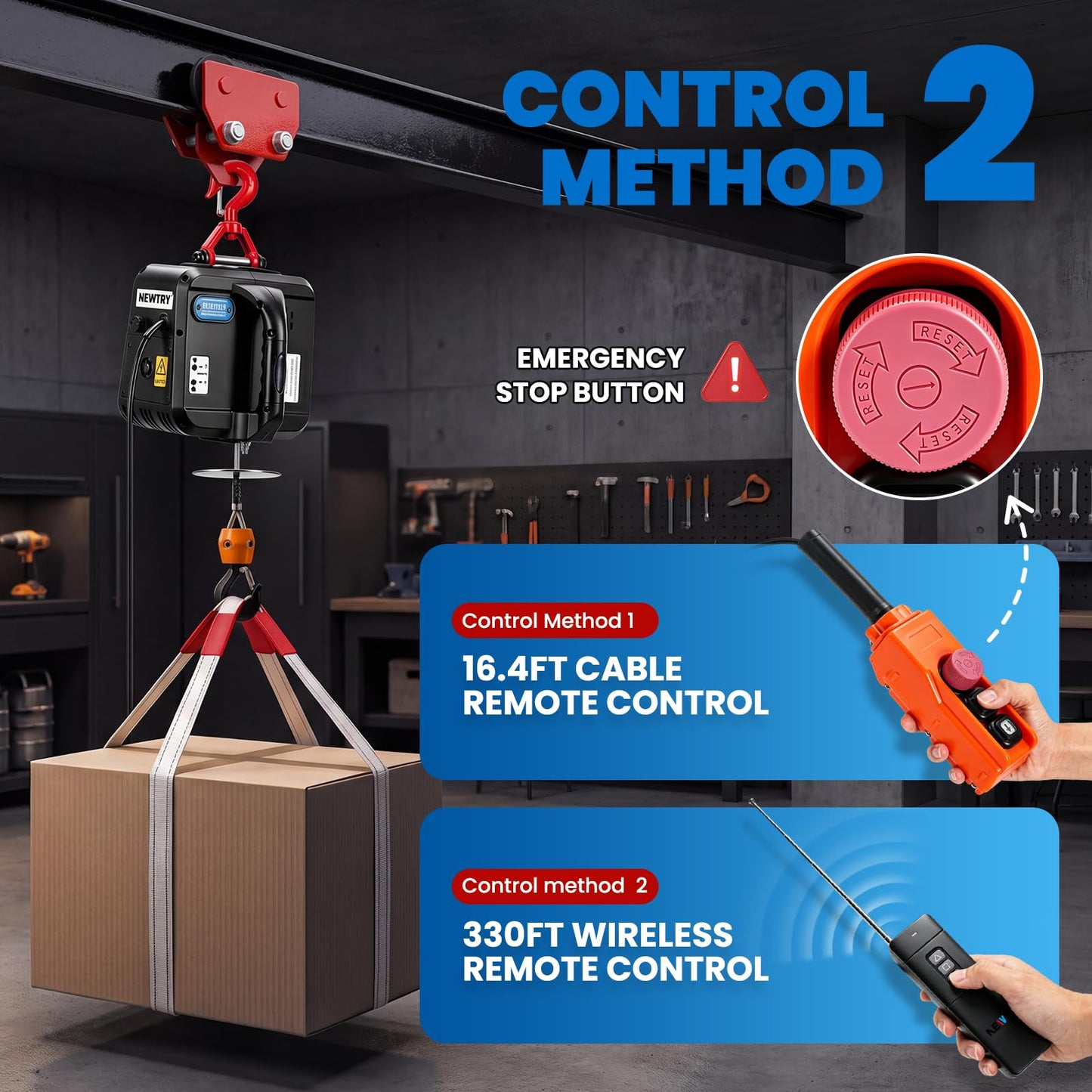 NEWTRY Electric Hoist PRO with Single/Double Hook, 1100lb Electric Winch 110v 120v, 2 Wireless Remote Control & Cable Remote Control for Garage, Warehouse, Factory