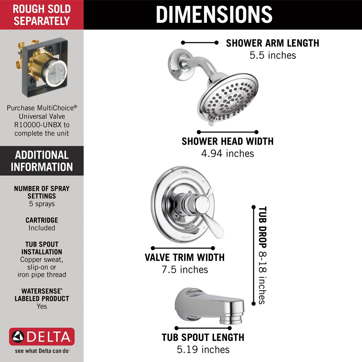 DELTA FAUCET T17430 Classic Tub & Shower, 4.45 x 8.00 x 10.15 inches, Chrome