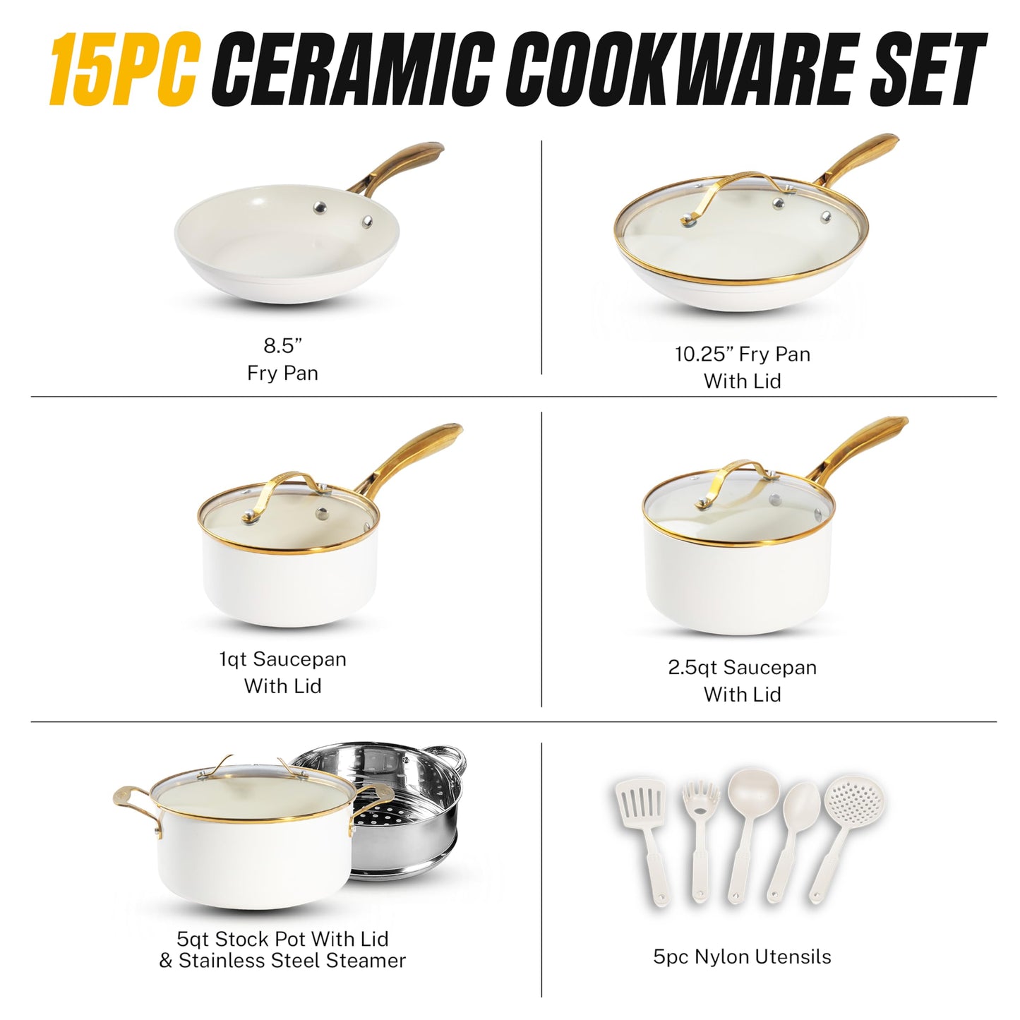 Gotham Steel 15 Pc Ceramic Cookware Set, Ceramic Pots and Pans Set Non Stick with Cooking Utensils and Steamer, Non Toxic PFOA PFOS Free, Premium Gold Stay Cool Handles, Oven & Dishwasher Safe
