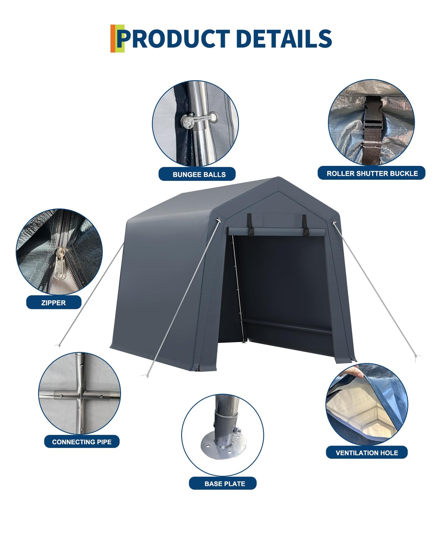 GarveeLife Portable Outdoor Storage Shed with Roll-Up Zipper Door & Vent, 240G Heavy-Duty Shelter Waterproof PE Tarp, UV-Resistant Carport for Motorcycle, Firewood, Tools (Gray, 6'x8')