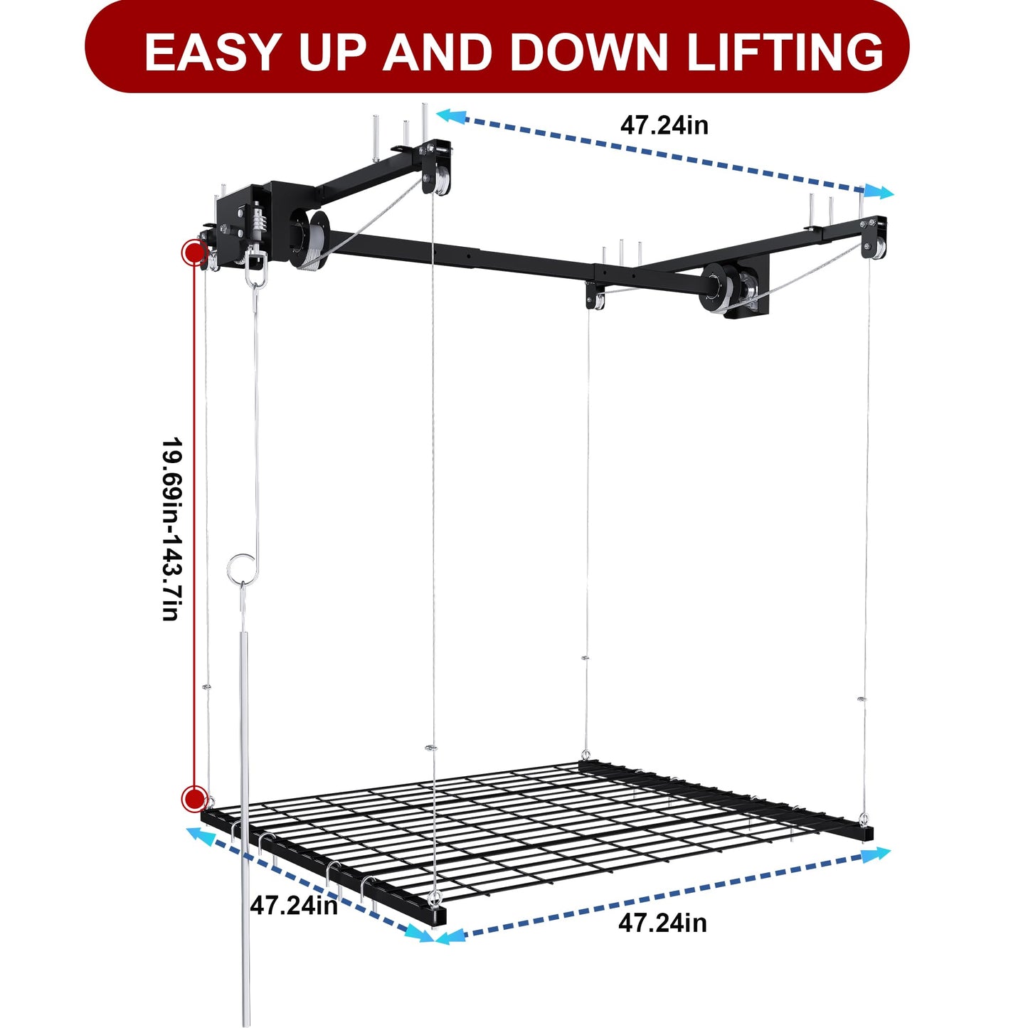 Leavader Manual Garage Storage Lift 4x4 FT for 10-12 ft Ceilings, Crank Down Overhead Storage Rack with Safety Lock, Heavy Duty Steel Garage Ceiling Storage System, 250LBS Capacity