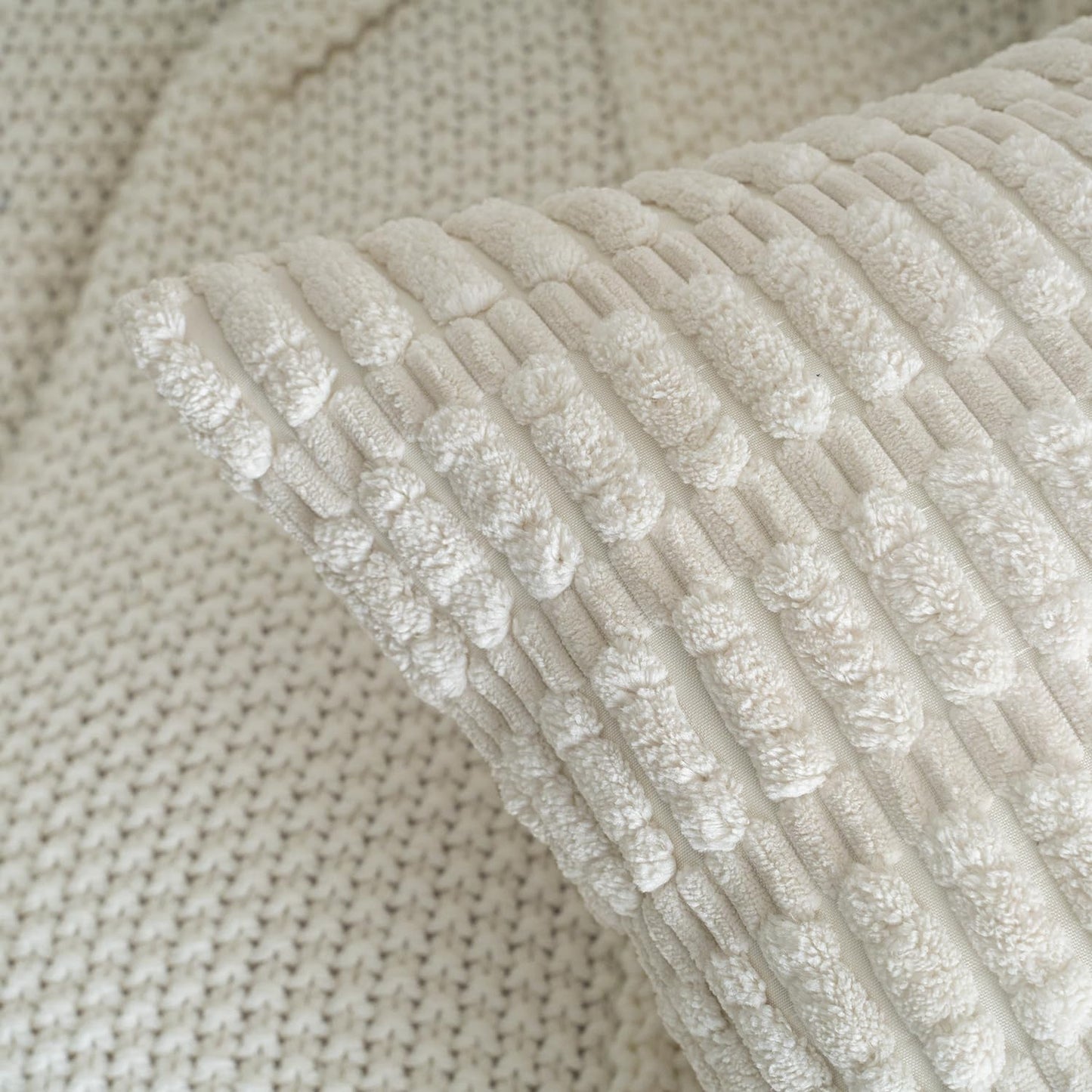 Skiennix Corduroy Throw Pillow Covers - Soft Boho Striped Design | 18x18 Inch Cream White for Modern Home Decor