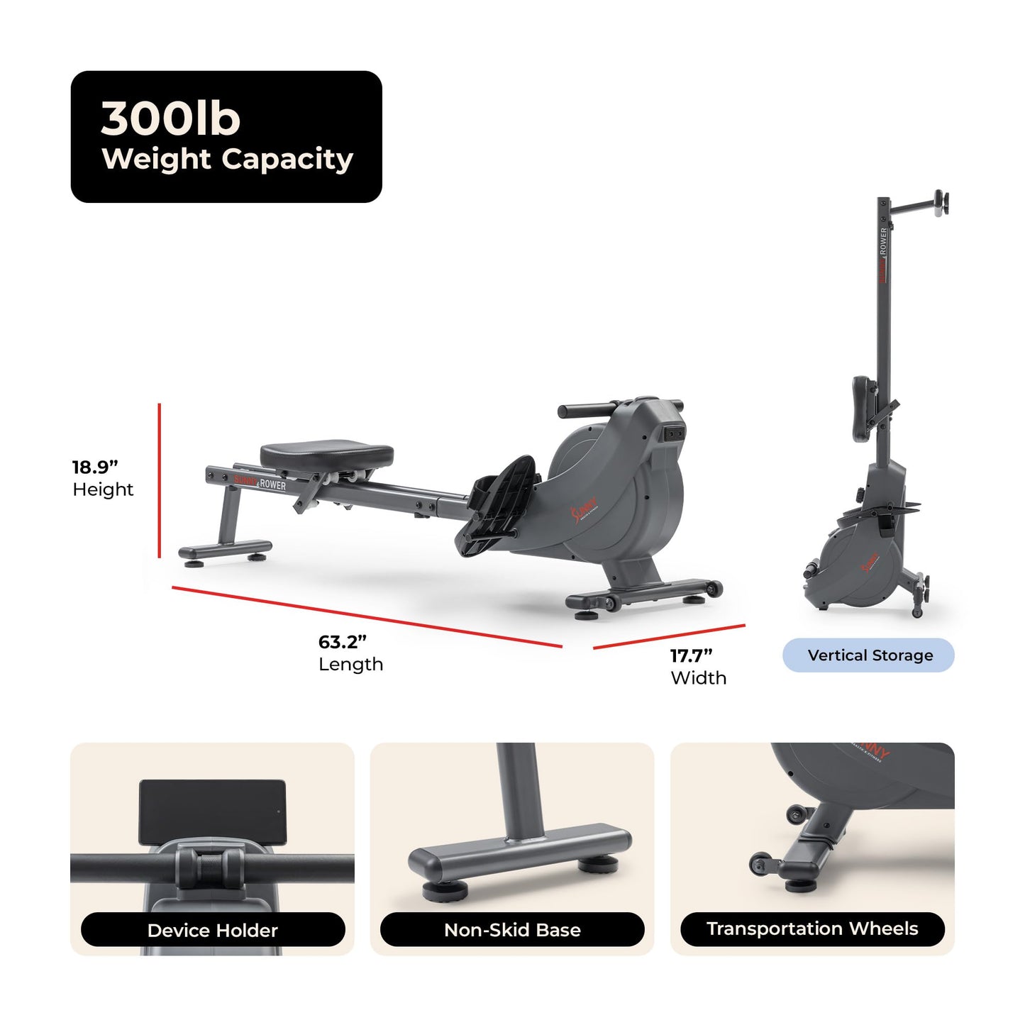 Sunny Health & Fitness Smart Dual Rail Magnetic Rower, 16-Level Quiet Resistance for Home Workouts, Full Body Low-Impact Cardio Rowing Machine, Free SunnyFit App Connect, 300 LB Capacity - SF-RW524079