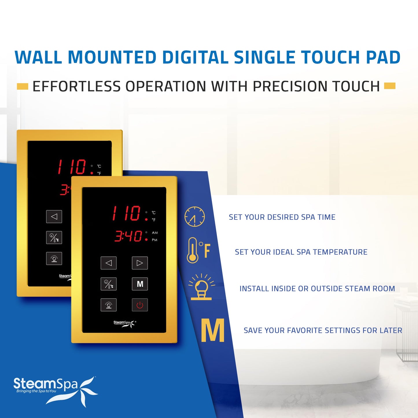 SteamSpa Steam System 10.5kW Steam Generator with Quickstart Continuous Steam, Dual Touch Pads, Auto Drain, Chroma Light, Aroma Steamheads, Install Kit & Filter in Gold EXTS1050GD-A