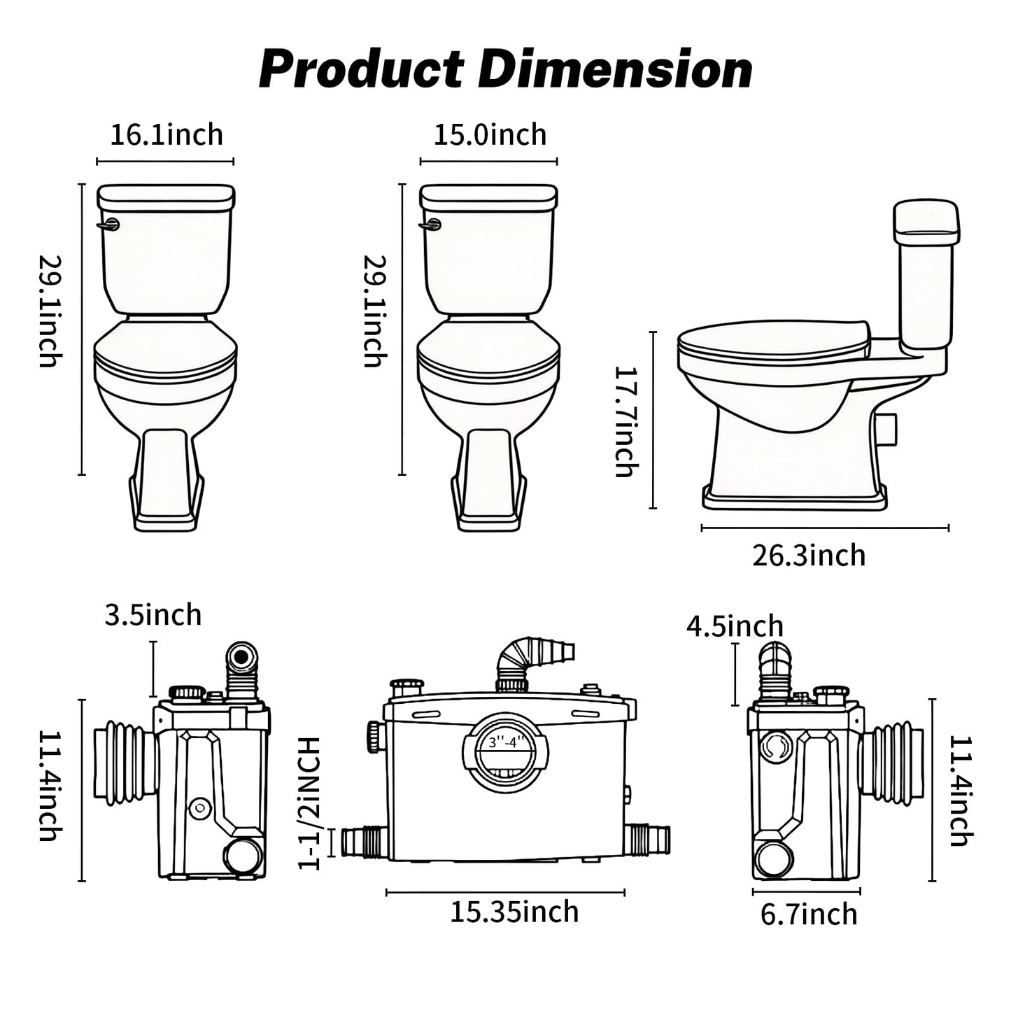 800Pro Macerating Toilet with Pump–Upflush Toilet System for Basement/Attic, 4 Water Inlets & AC Vent, 36ft Vertical Lift, Dual Flush, Easy Install,17.7" Elongated Toilet