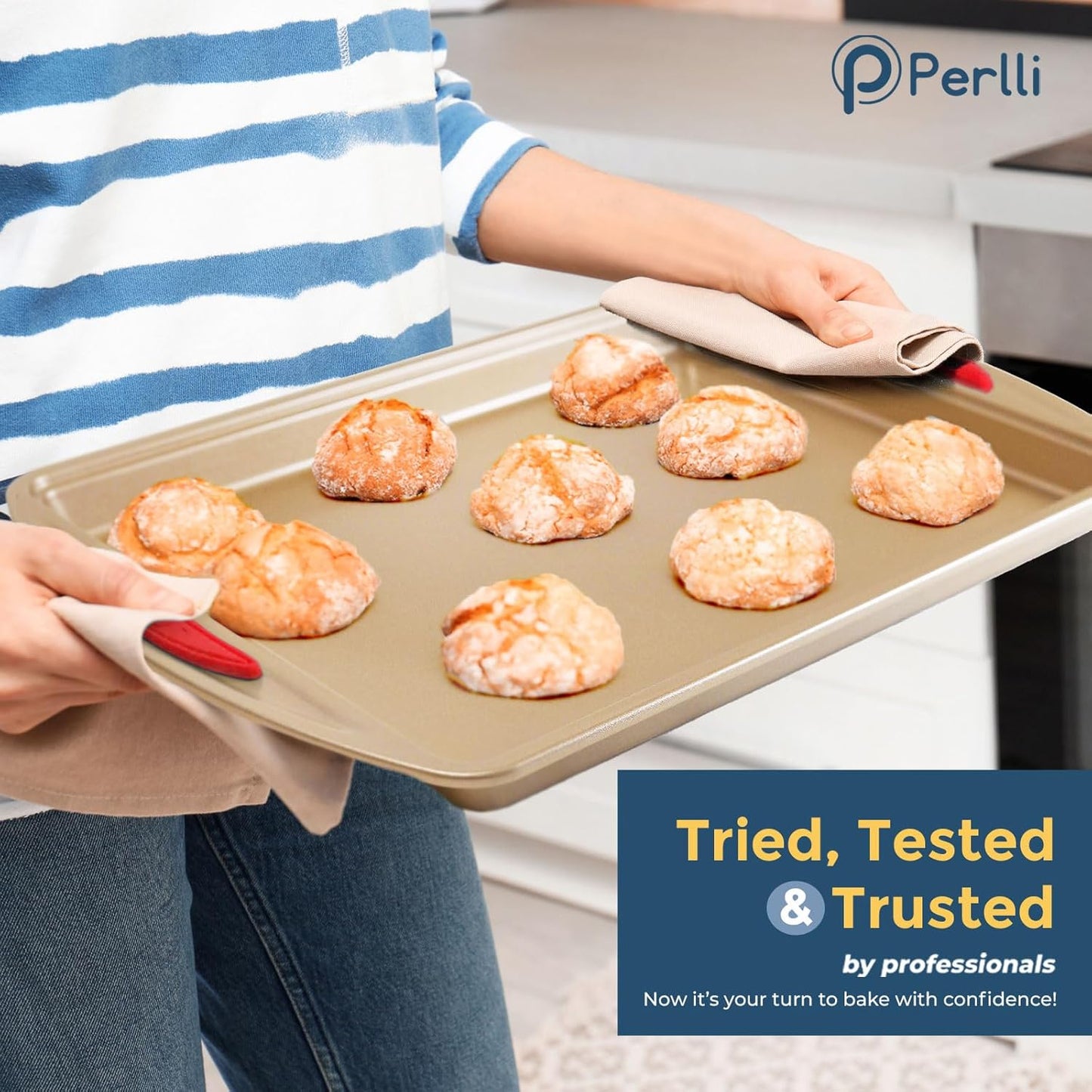 Perlli 10-Piece Baking Set - Nonstick Gold Steel Bakeware with Silicone Handles | Includes Cookie Sheets, Cake Pans, and More