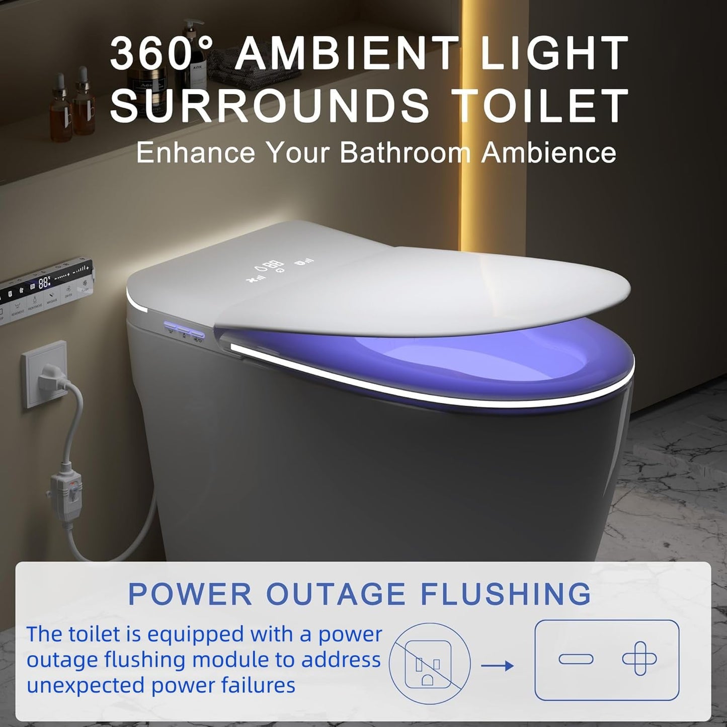 Luxury Smart Toilet with Foam Shield Auto-Open/Close Lid,One Piece Bidet Toilet Heated Seat for Bathrooms, Multiple Cleaning Modes,Aromatic Spray,Air Purification,Smart Foot Sensor