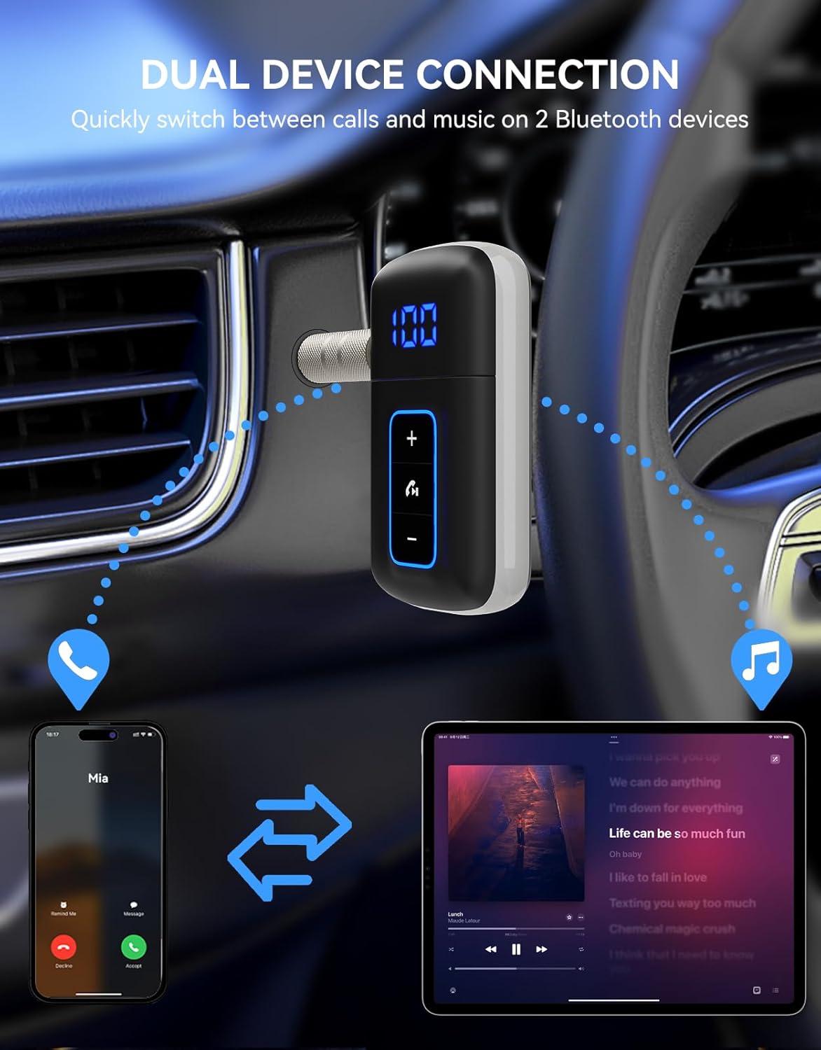 DAMAIKE 5.3 3.5mm Bluetooth Receiver for Car, [LED Screen] [Noise Cancelling] AUX Bluetooth Adapter, Wireless Audio