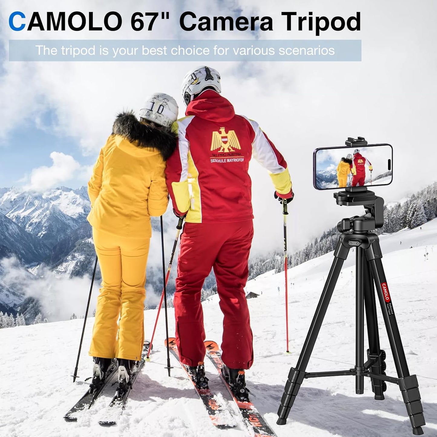 CAMOLO RIG 17-67.3 Inch Camera Tripod with Phone Holder, Camera Tripod Adjustable Height, Cold-Shoe Mount, Carrying Bag