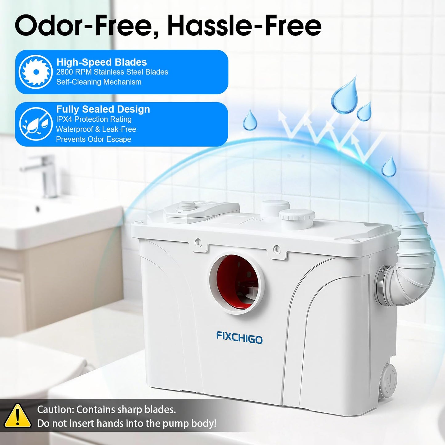 FIXCHIGO 800W Macerator Pump, Macerating Toilet System with 4 Inlets/1 Outlets, 48 GPM Flow, 29.5 FT Head, PCB Smart Control Sewage Pump for Basement, Sink, Toilet, Laundry, Kitchen