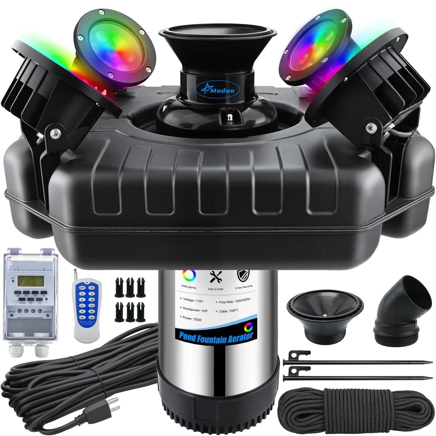 Pond Fountain Aerator with Lights Dynamic RGB Light 1HP 750W Floating Fountain for Pond Lake, 110V 15000 GPH Fully Automatic Stainless Steel Fountain Pump 100Ft Cord with 4 LED Lights and Nail, Rope