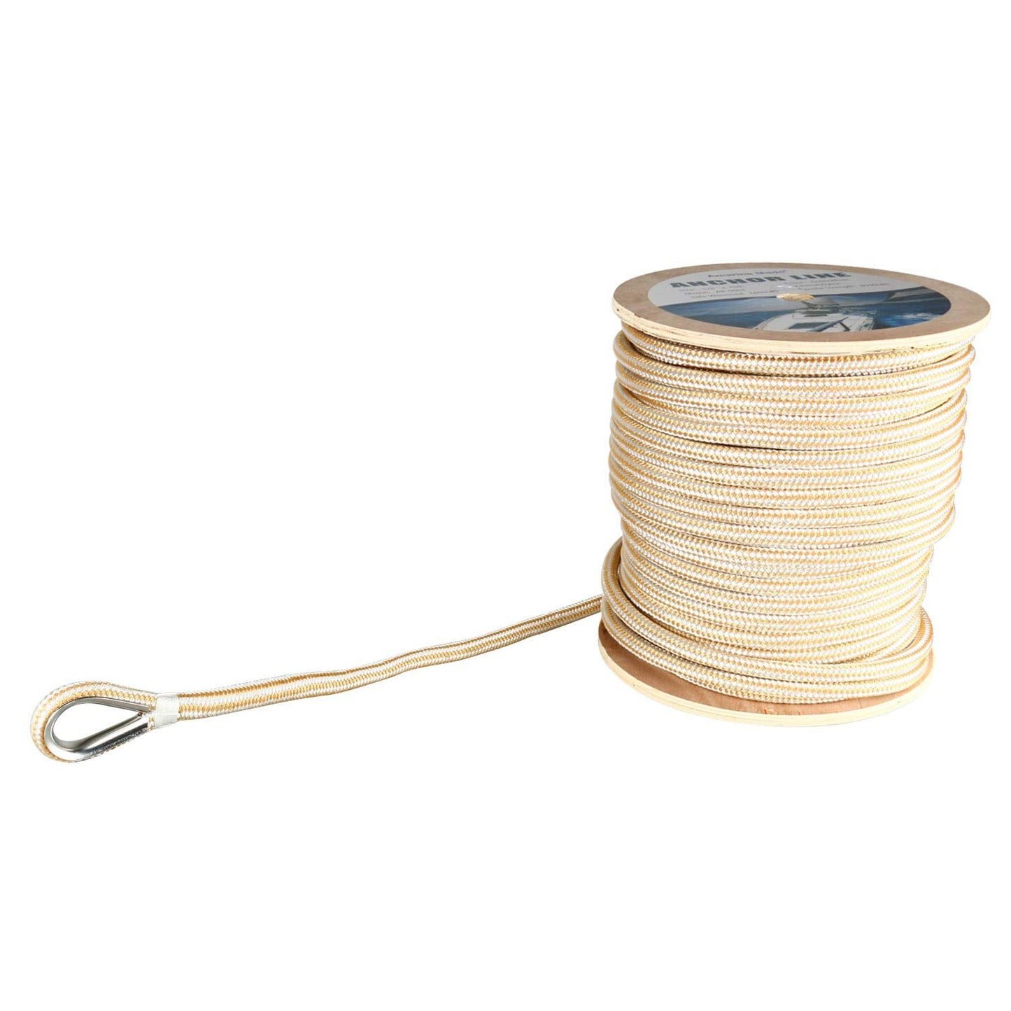 Amarine Made Heavy Duty Double Braid Nylon Anchor Line with Stainless Steel Thimble-White/Gold Color 1/2 inch Thickness 300 ft Long