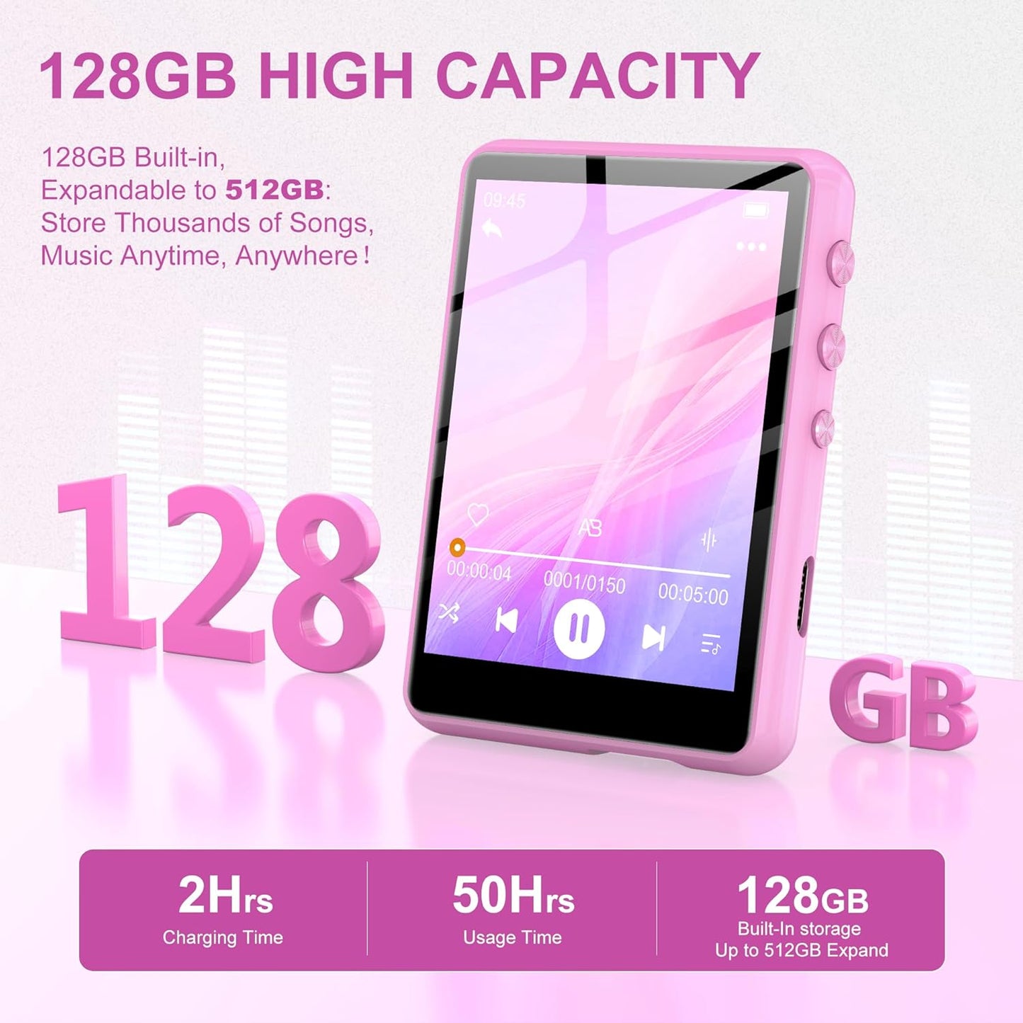 SWOFY 128GB MP3 M4 5.4, 2.4" MP3 Player with Bluetooth Pink- Music Player with Bluetooth Portable HiFi Player with FM