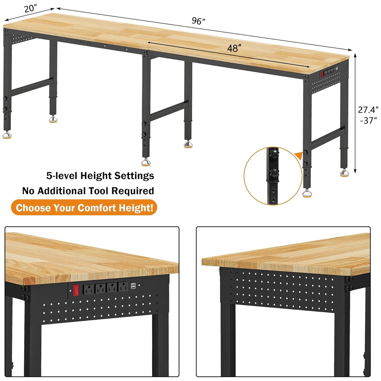 Betterhood 96" 2-in-1 Convertible Adjustable Workbench, L-Shaped & Extended 5000 LBS Heavy Duty Work Table with Power Outlets & Pegboard, Rubber Wood Workstation for Garage, Workshop