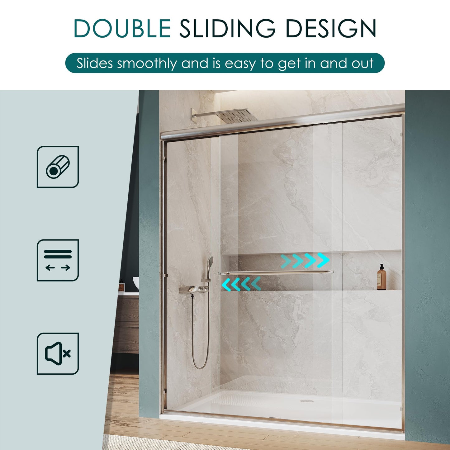ELEGANT Double Sliding Shower Door 44-48" W x 72" H, Semi-Frameless Bypass Shower Glass Door with Dual Towel Bar Handles, 1/4" Tempered Glass for Walk-in Shower, Brushed Nickel
