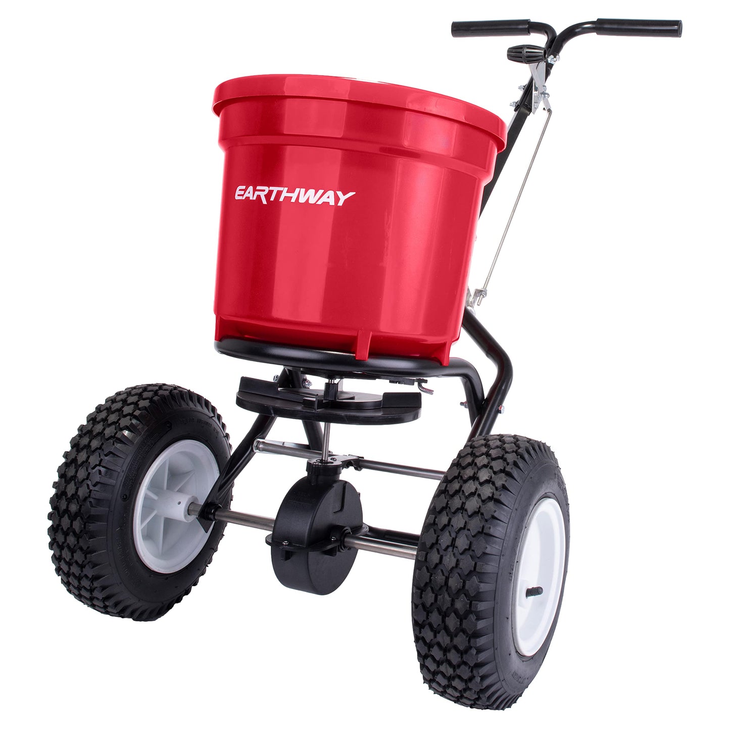 EarthWay 2150 Commercial 50 LB Broadcast Fertilizer Spreader. Heavy-Duty Walk-Behind Push Garden Seeder with Adjustable Drop Rate and Driving Handle. Large 13 inch Pneumatic Stud Tires