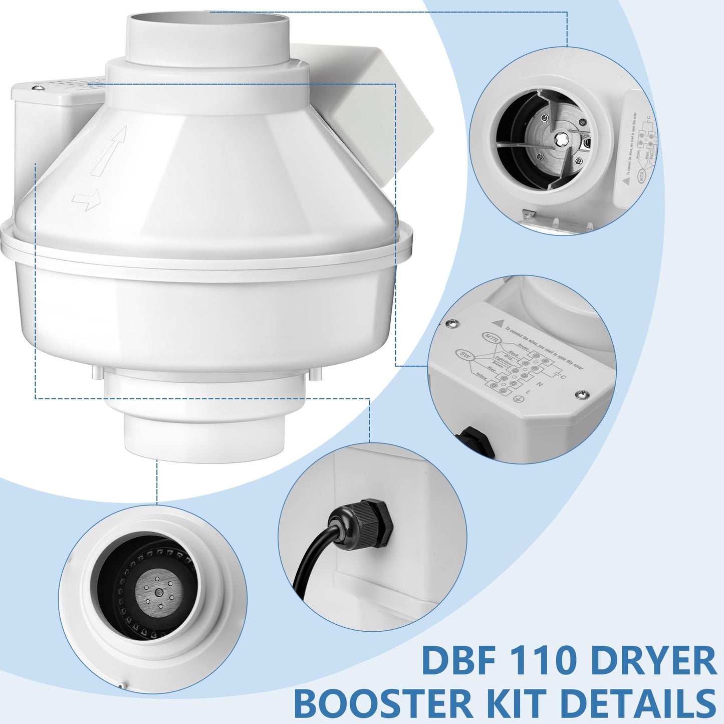 4 Inch Dryer Booster Fan with Pressure Switch for Auto-Activation, 167 CFM Dryer Vent Booster Fan with Plug, Compatible Replacement for DBF 110, Helps Shorten Drying Time & Reduce Lint Buildup