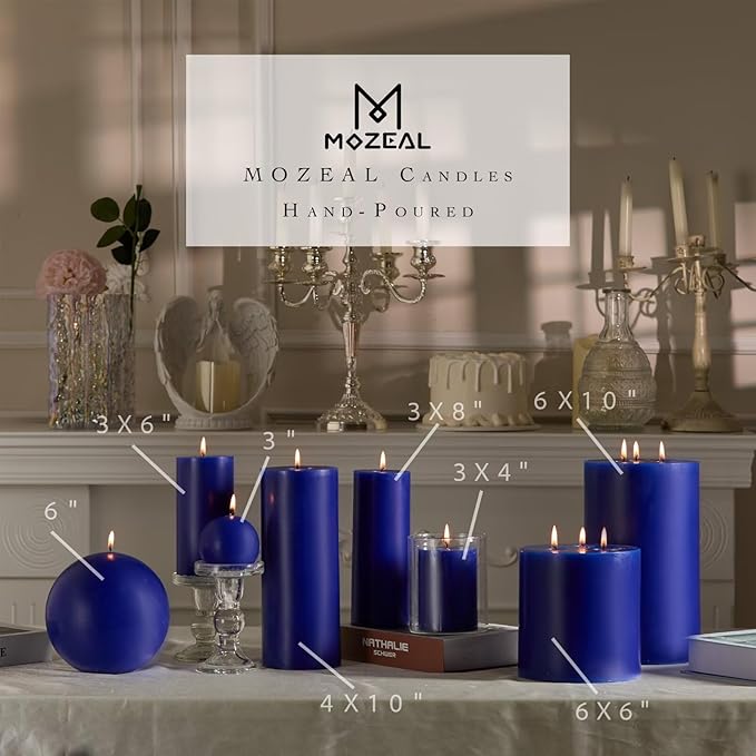 MOZEAL 3" x 8" Hand-Poured Unscented Large Candle, Smokeless Rustic Pillar Candle Set of 2, Slow Burn,No Drip, Approx 150 Hours Burning,Wedding,Dinner,Winter and Home Decorative,Tall Royal Blue Candle