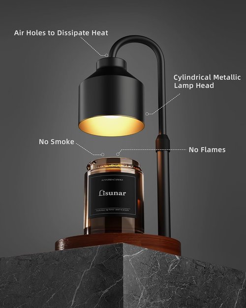 LISUNAR Electric Candle Warmer Lamp - Adjustable Height with Timer & 2 Bulbs | Black Wax Warmer for Jar Candles