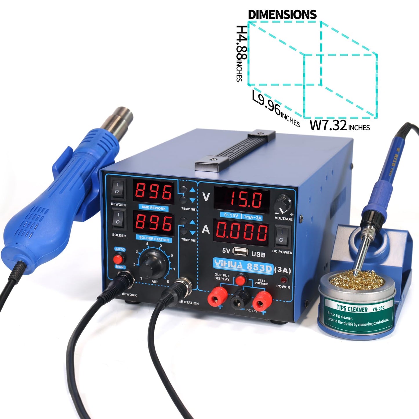 YIHUA 853D USB 3A-Three Tools- Soldering Station, Hot Air Rework Station and Power Supply 0~3A, 0-15V with output and test modes. Also ºC/°F display, Digital Cal, Sleep Function
