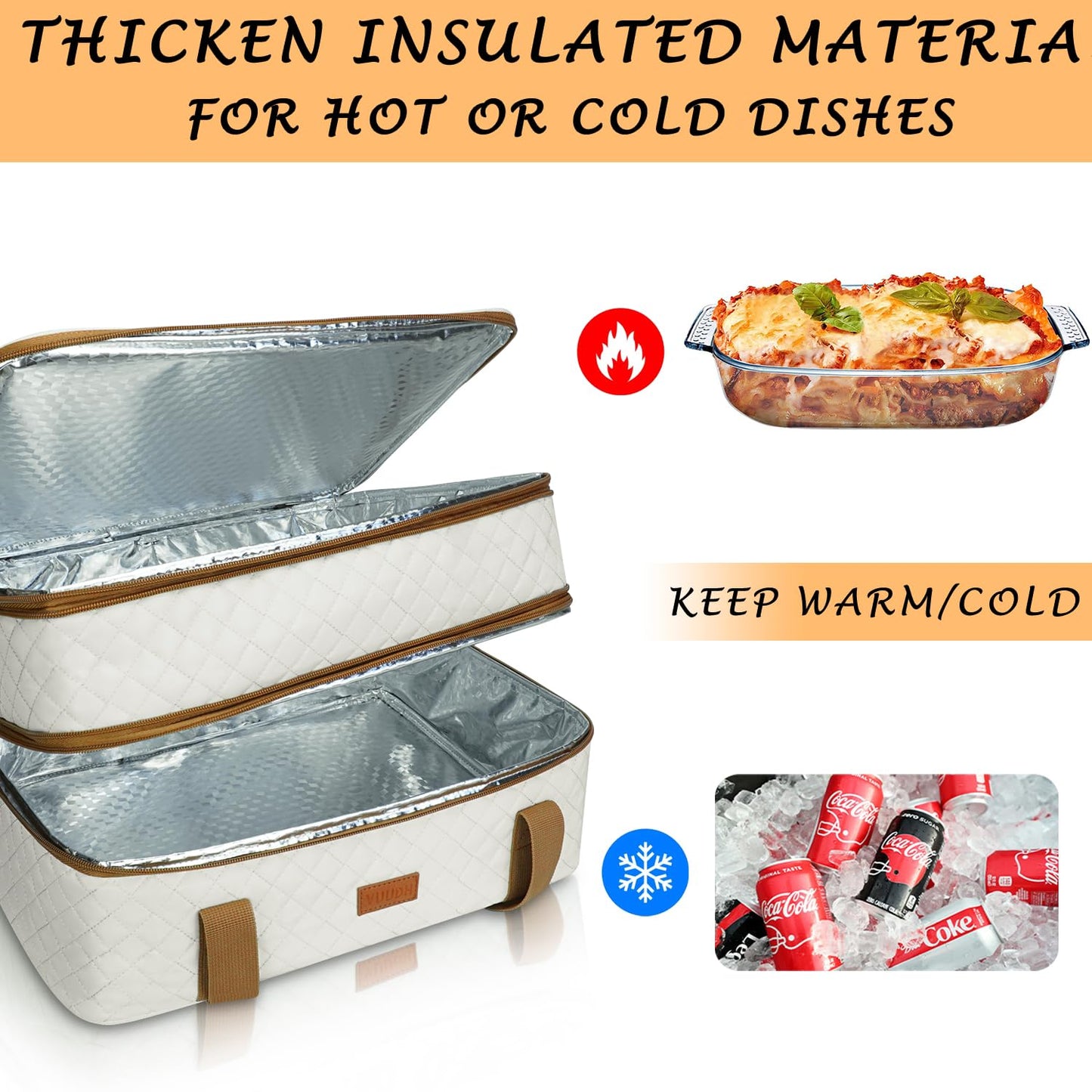 Vuudh Quilted Insulated Double Casserole Carrier - Thermal Lunch Tote for Potluck Parties, Picnic, Beach, Fits 9 x 18 Inches Baking Dish, Casserole Dish, Expandable (Beige)