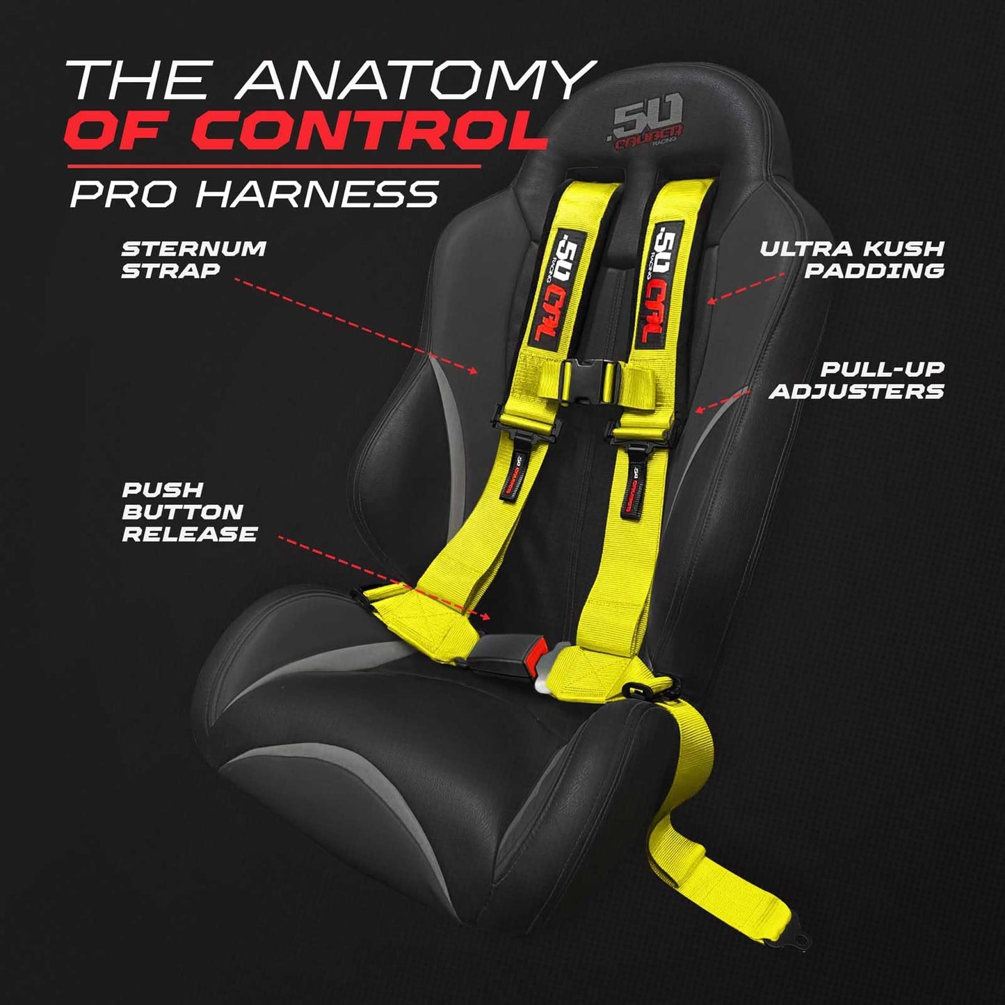 1pc 4 Point Harness for Bucket Seat, Push Release, 10 Color Options, Racing Harness, Race Car, Off Road, UTV, RZR (Yellow, 2 inch) [6038]