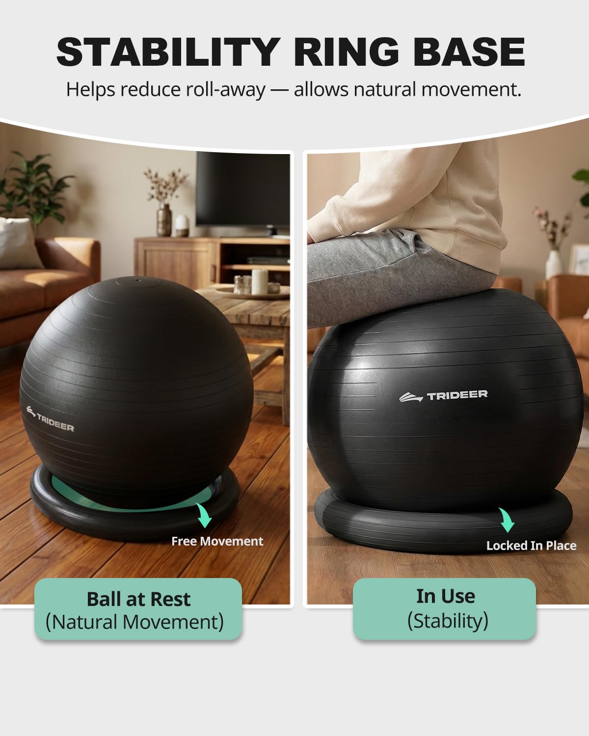 Trideer Exercise Ball for Office Desk, Yoga Ball Chair to Relieve Back Pain, Stability & Fitness Ball Seat with Base, Home Gym Core Workout, Abs, Stretching & Therapy