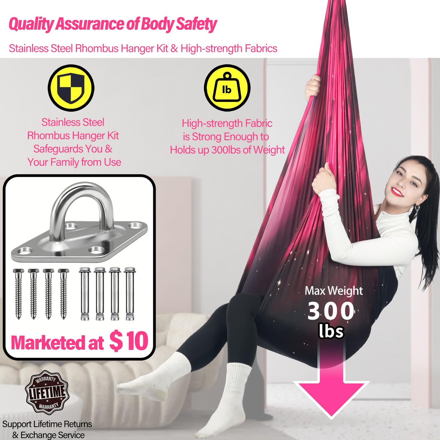 HiChrote Sensory Swing for Kids Holds up to 300lbs Indoor & Outdoor Therapy Cuddle Swing with Hammock Hooks Hanger Kit for Calming, Effect for Autism, ADHD or SPD. (Space Pink)