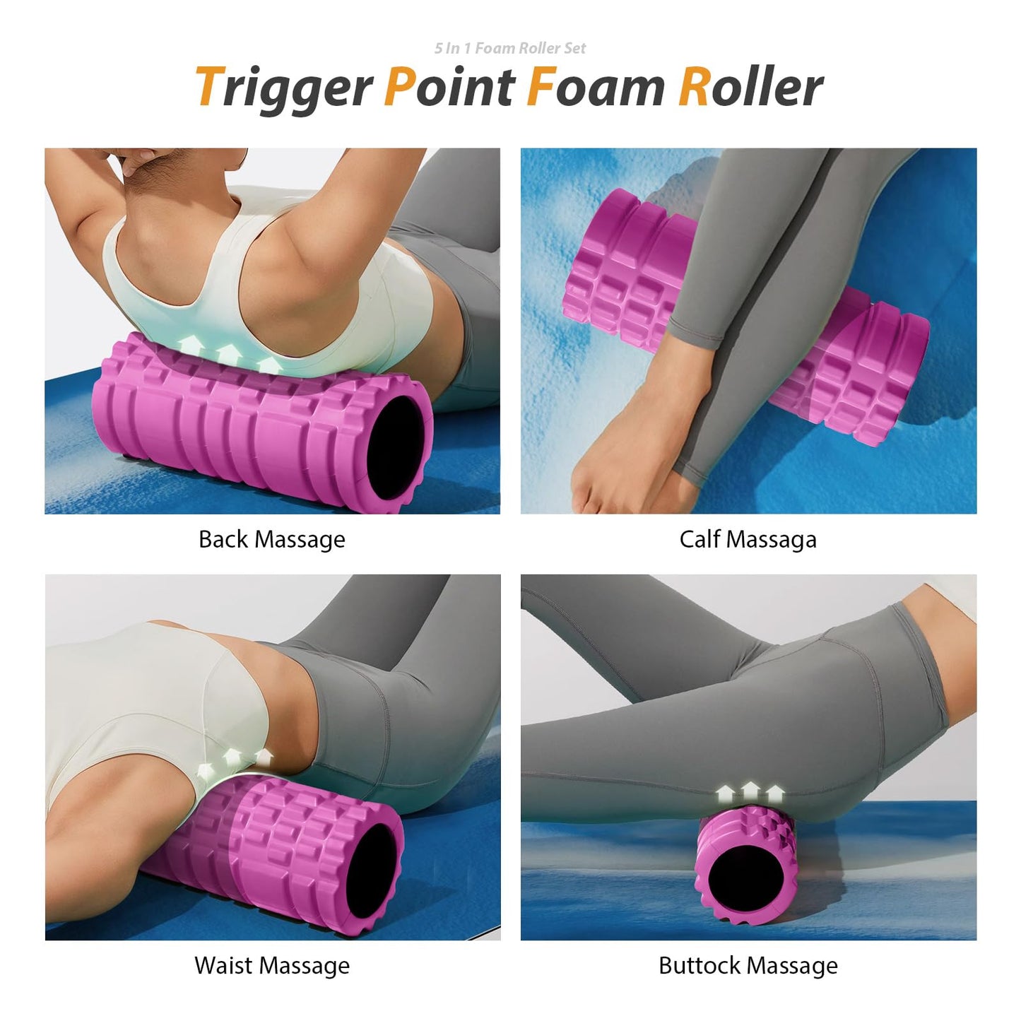 5 in 1 Foam Roller Set for Deep Tissue Muscle Massage, High Density Fitness Exercise Foam Roller, Massage Roller, Massage Ball, Resistance Band, for Whole Body (Pink-Black)