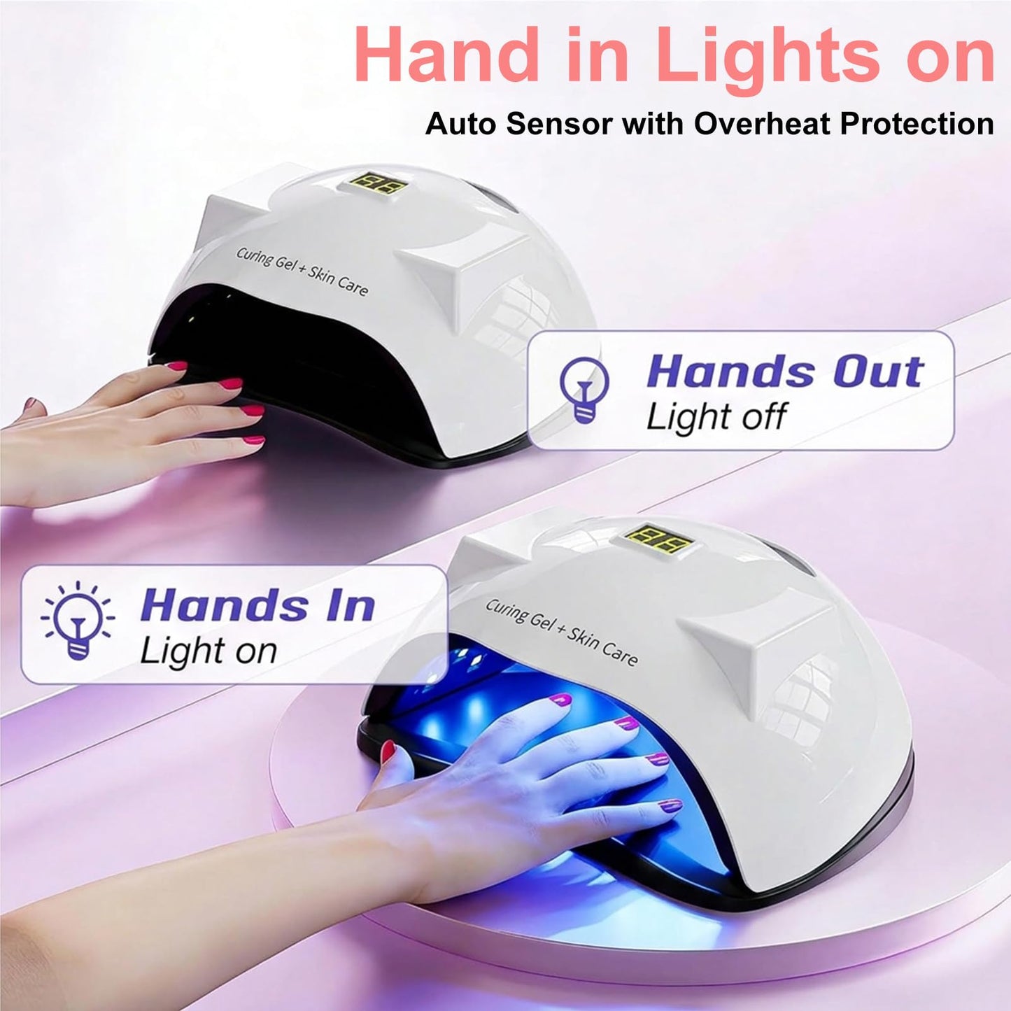 Yoidesu 66W LED Nail Lamp, Light for Gel Nails, 3 Timers Nail Lamp Professional Nail Light with Dual LED Light Source 51pcs Light Beads (US Plug 110‑230V)