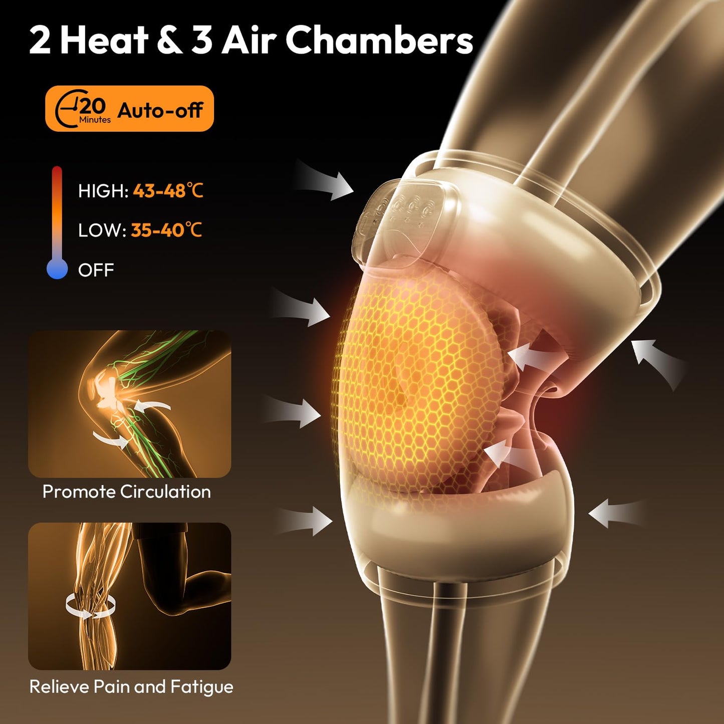 QUINEAR Knee Massager for Pain Relief,Air Compression Heating Pad for Knee,Heated Knee Warmers Wrap, 3 Modes & 3 Intensities